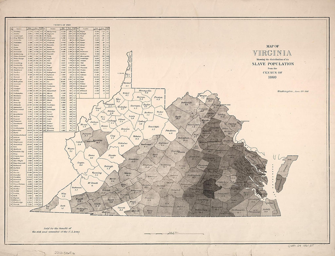 This old map of Map of Virginia : Showing the Distribution of Its Slave Population from the Census of 1860 from 1861 was created by H. S. (Henry S.) Graham, E. (Edwin) Hergesheimer in 1861