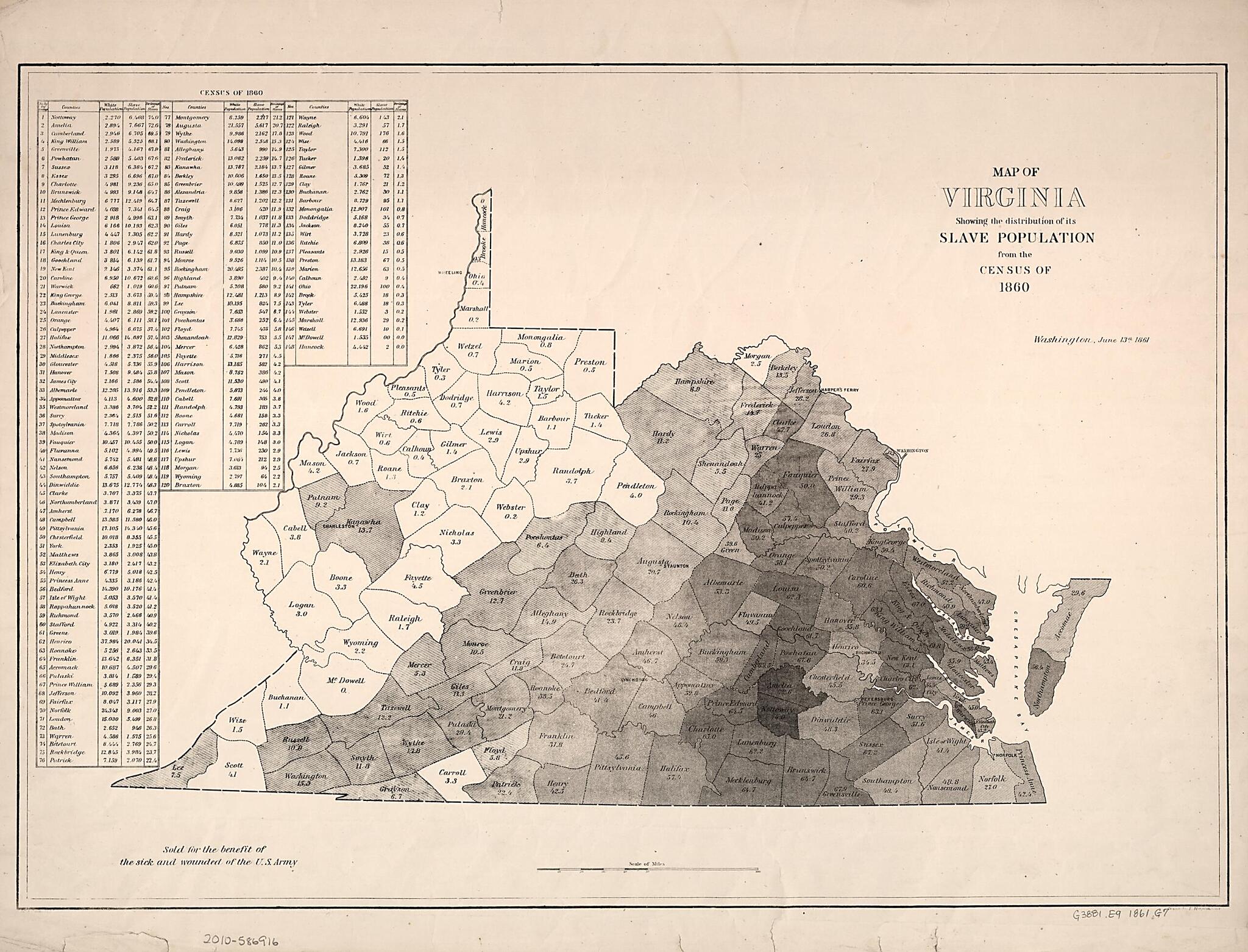 This old map of Map of Virginia : Showing the Distribution of Its Slave Population from the Census of 1860 from 1861 was created by H. S. (Henry S.) Graham, E. (Edwin) Hergesheimer in 1861