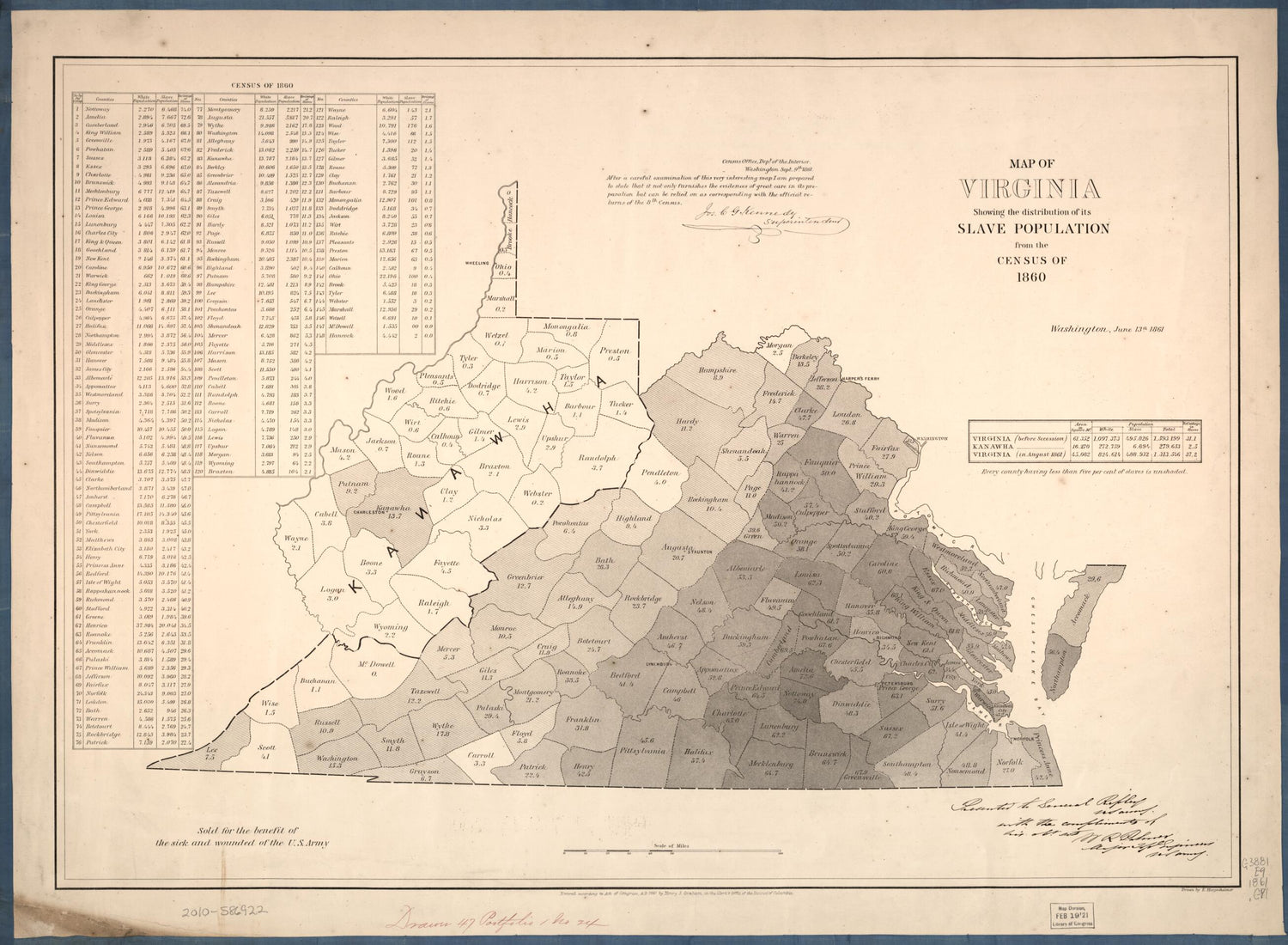 This old map of Map of Virginia : Showing the Distribution of Its Slave Population from the Census of 1860 from 1861 was created by H. S. (Henry S.) Graham, E. (Edwin) Hergesheimer in 1861