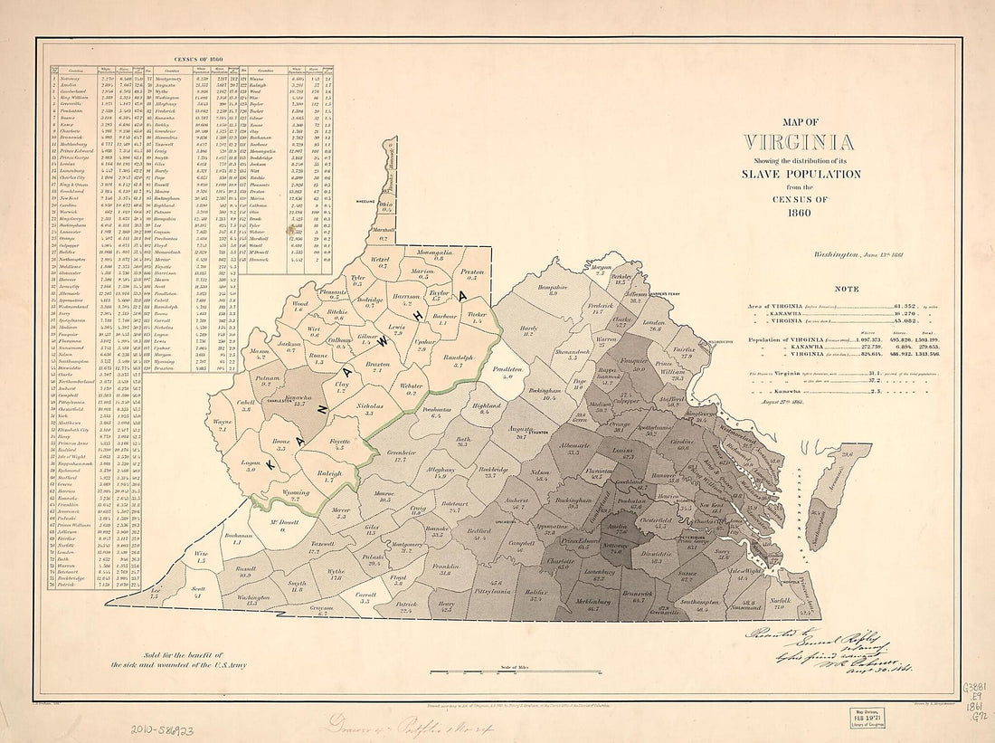 This old map of Map of Virginia : Showing the Distribution of Its Slave Population from the Census of 1860 from 1861 was created by H. S. (Henry S.) Graham, E. (Edwin) Hergesheimer, Theo. (Theodore) Leonhardt in 1861