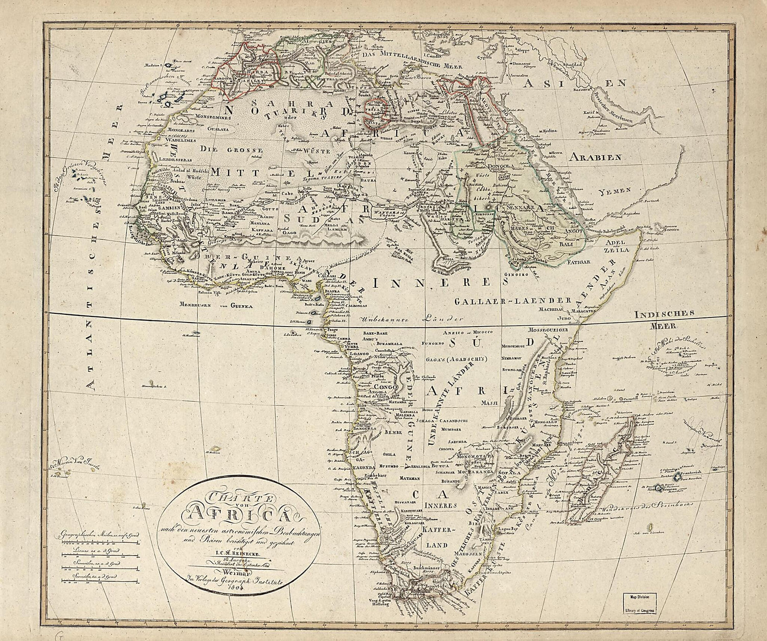 This old map of Charte Von Africa : Nach Den Neuesten Astronomischen Beobachtungen Und Reisen Berichtiget Und Gezeichnet from 1804 was created by J. C. M. (Johann Christoph Matthias) Reinecke in 1804