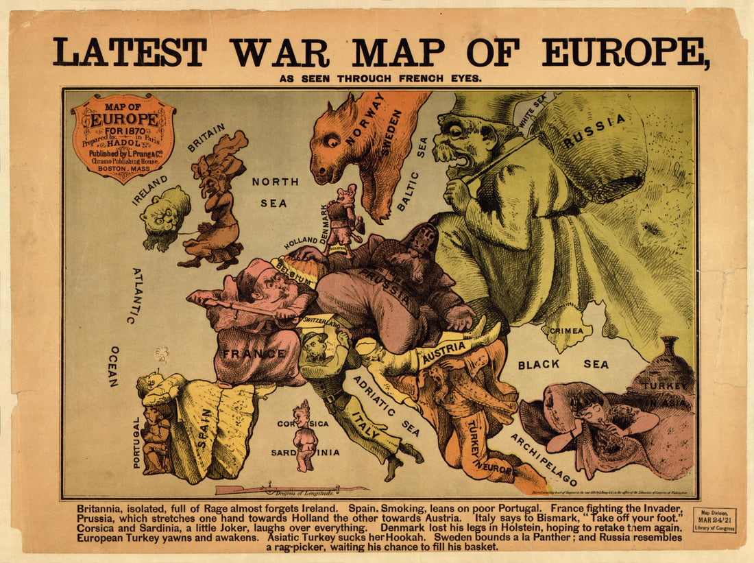 This old map of Latest War Map of Europe : As Seen Through French Eyes (Map of Europe :) from 1870 was created by Paul Hadol,  L. Prang &amp; Co in 1870