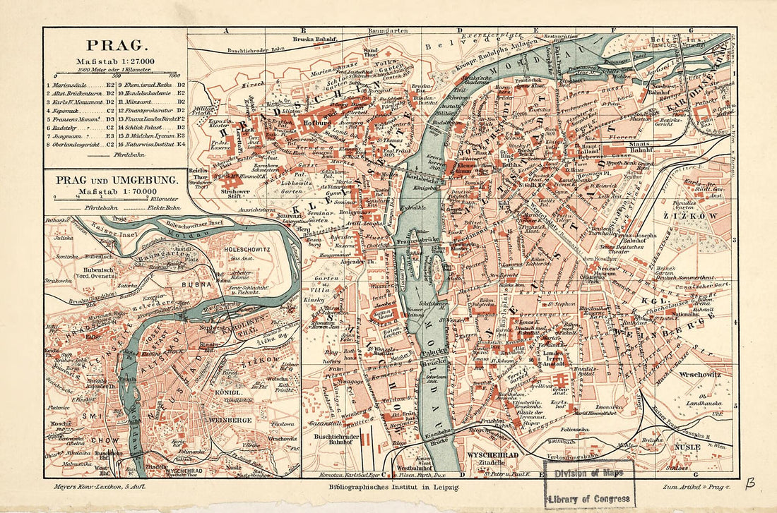 This old map of Prag from 1894 was created by  Bibliographisches Institut Leipzig in 1894
