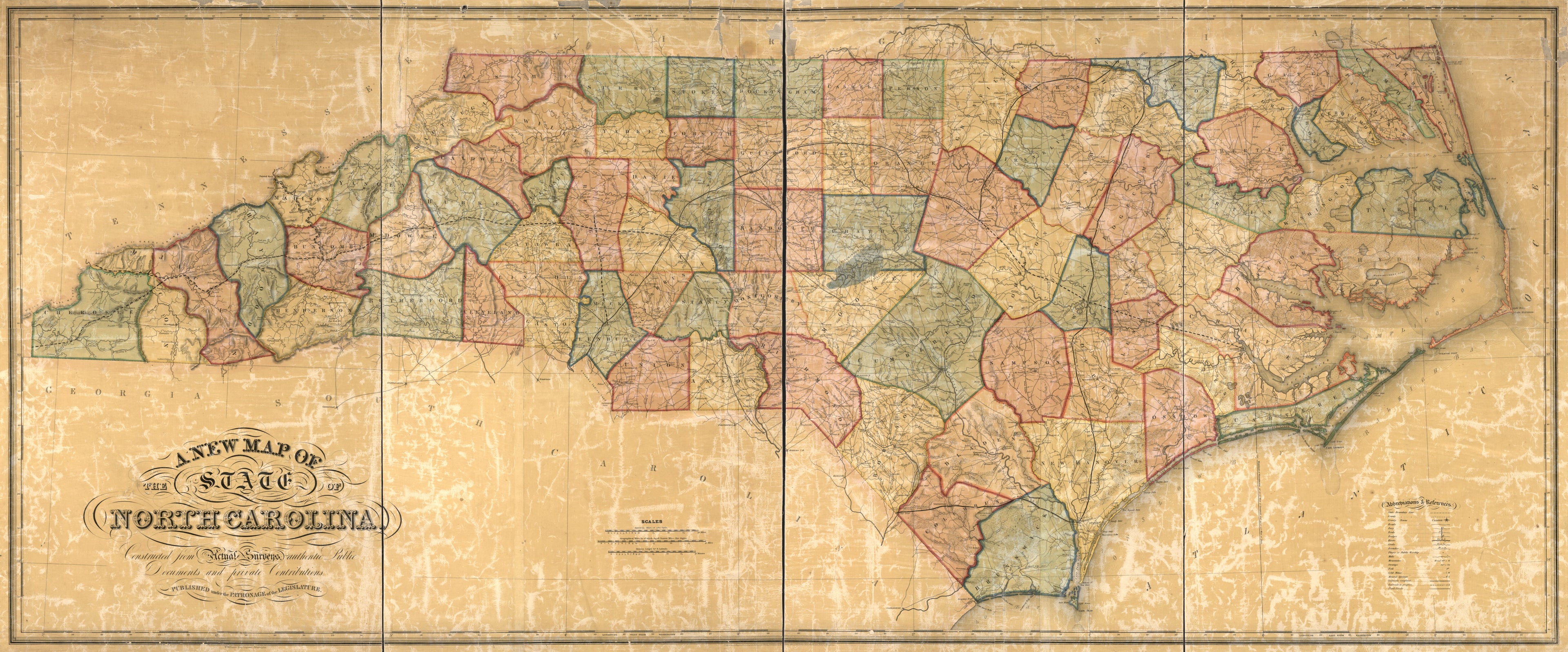 This old map of A New Map of the State of North Carolina : Constructed from Actual Surveys, Authentic Public Documents and Private Contributions from 1854 was created by W. (Wellington) Williams in 1854