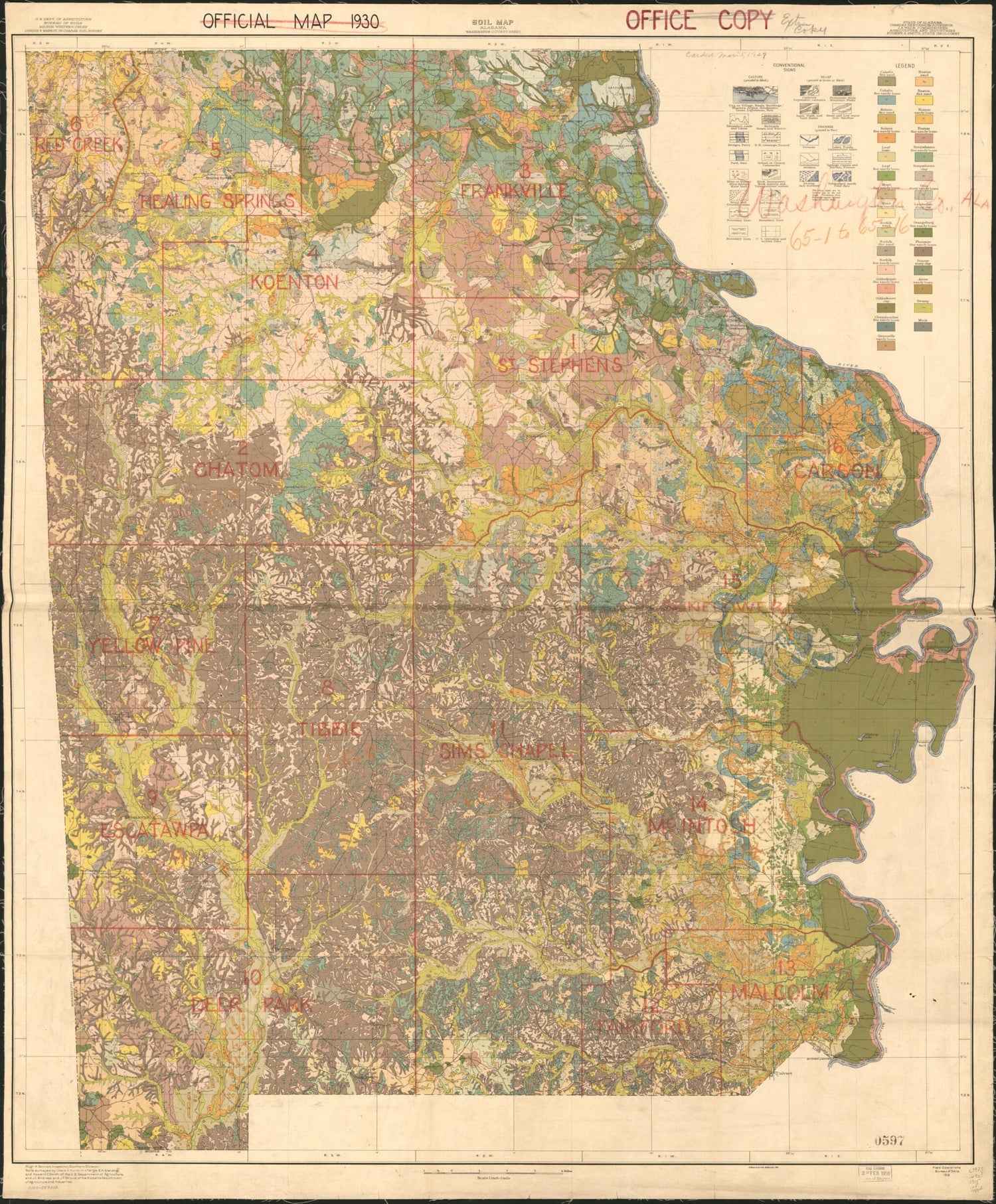 This old map of Soil Map, Alabama, Washington County Sheet from 1915 was created by  Alabama. Department of Agriculture and Industries,  United States. Bureau of Soils in 1915