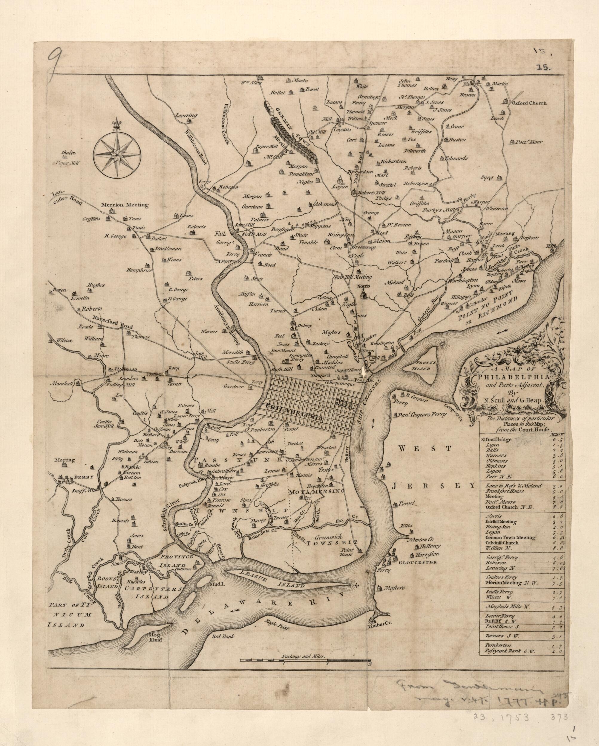 This old map of A Map of Philadelphia and Parts Adjacent from 1753 was created by George Heap, Nicholas Scull in 1753