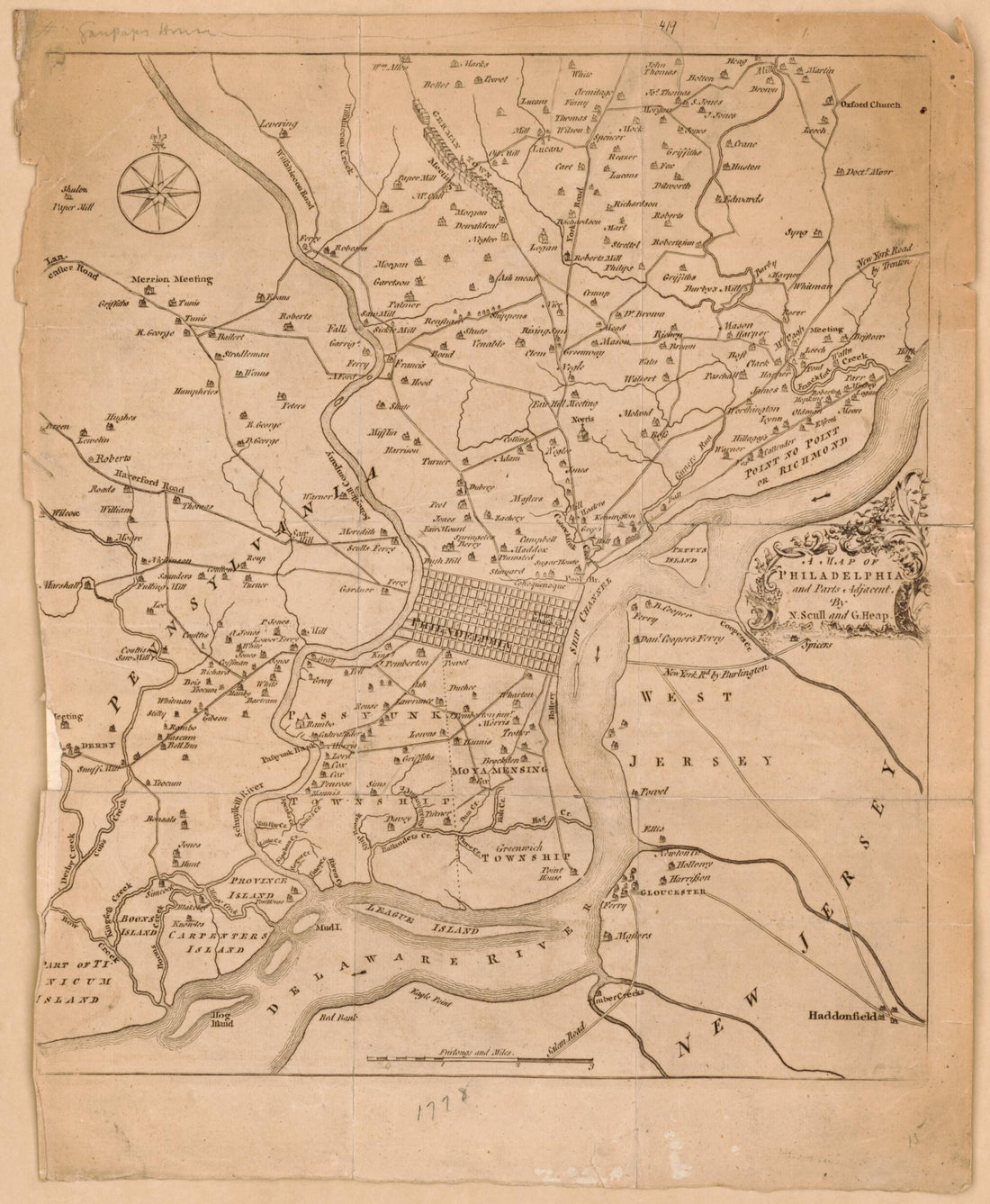 This old map of A Map of Philadelphia and Parts Adjacent from 1777 was created by George Heap, Nicholas Scull in 1777