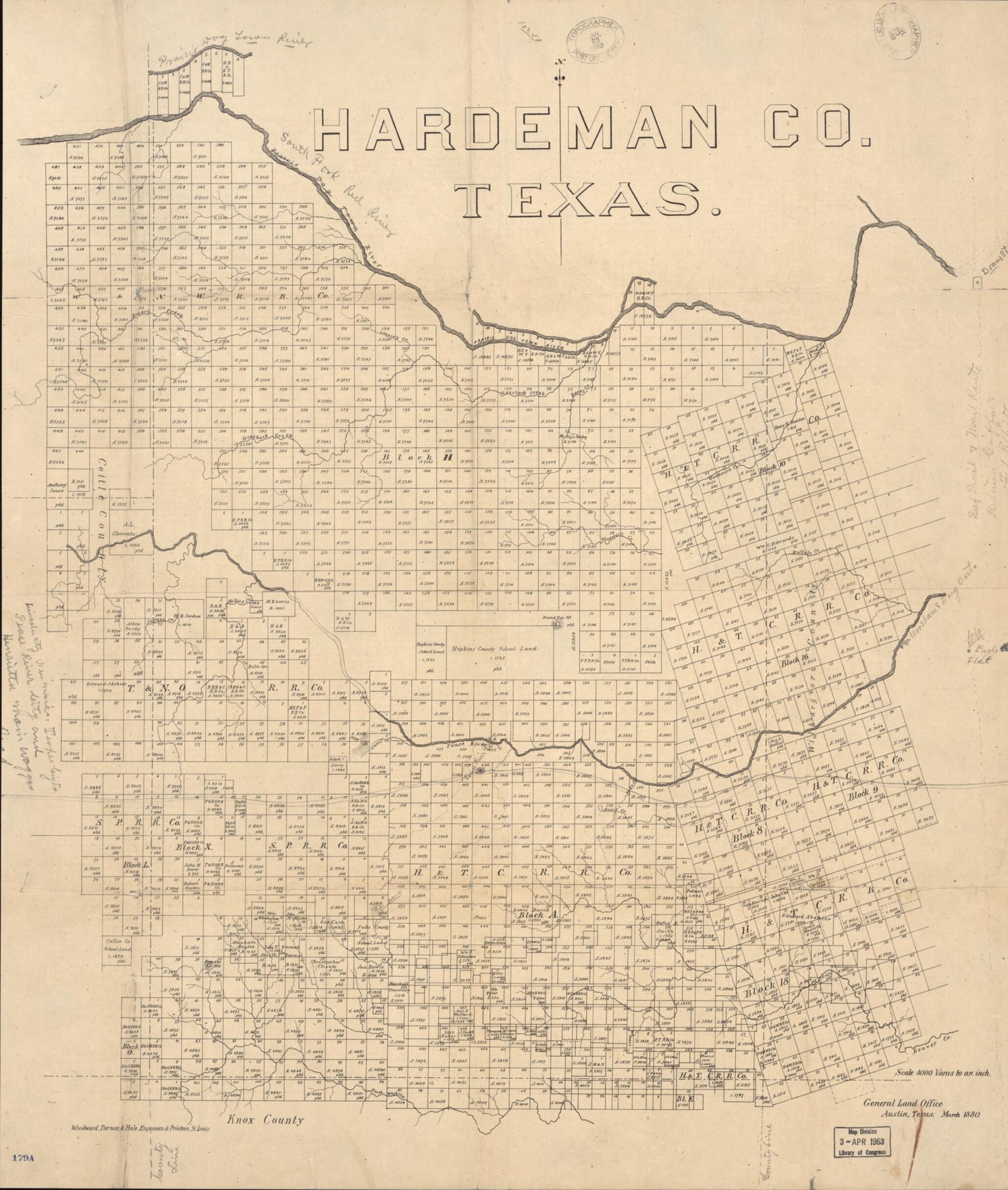 This old map of Hardeman County, Texas from 1880 was created by  Texas. General Land Office in 1880