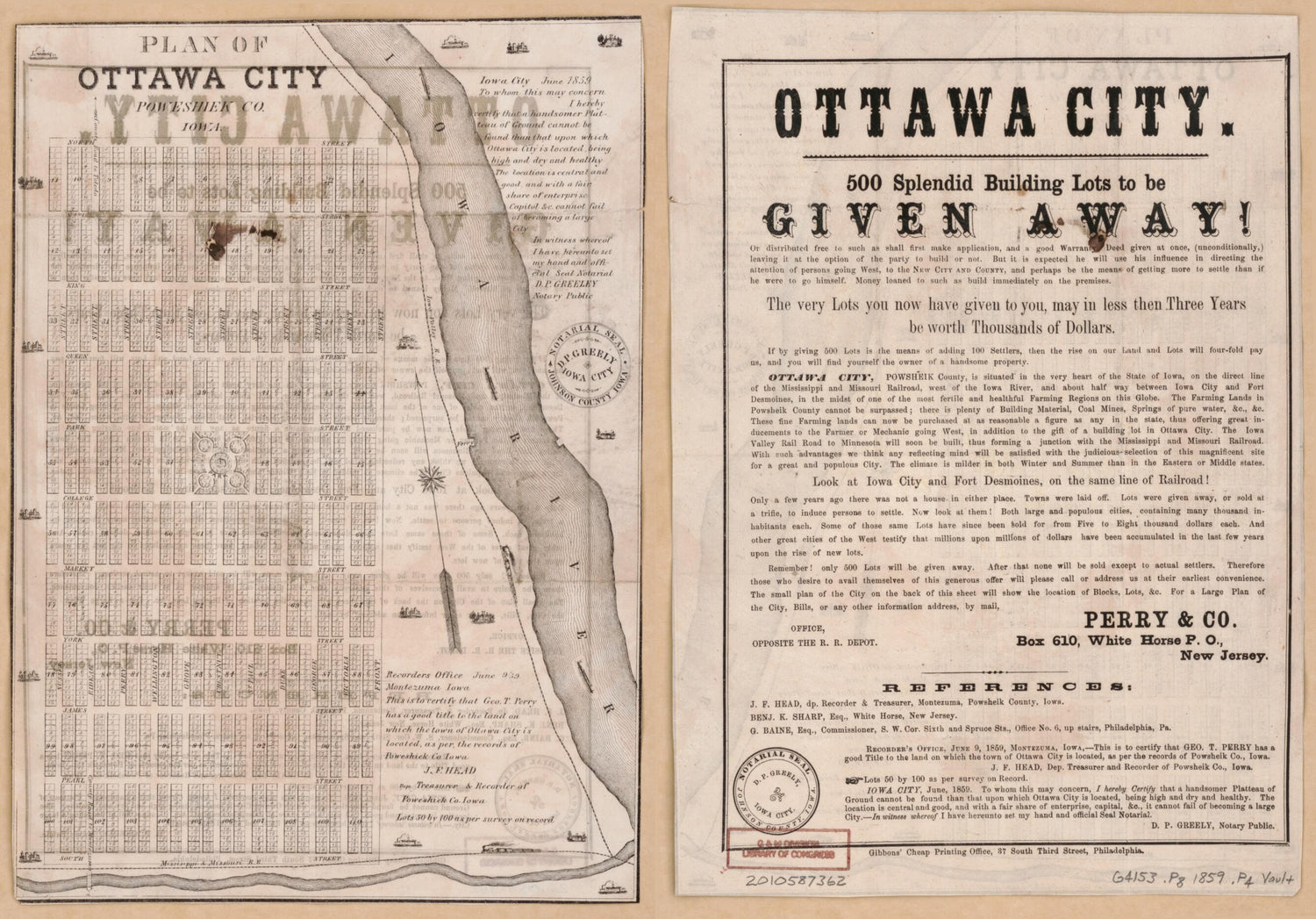 This old map of Plan of Ottawa City, Poweshiek Co., Iowa from 1859 was created by  in 1859