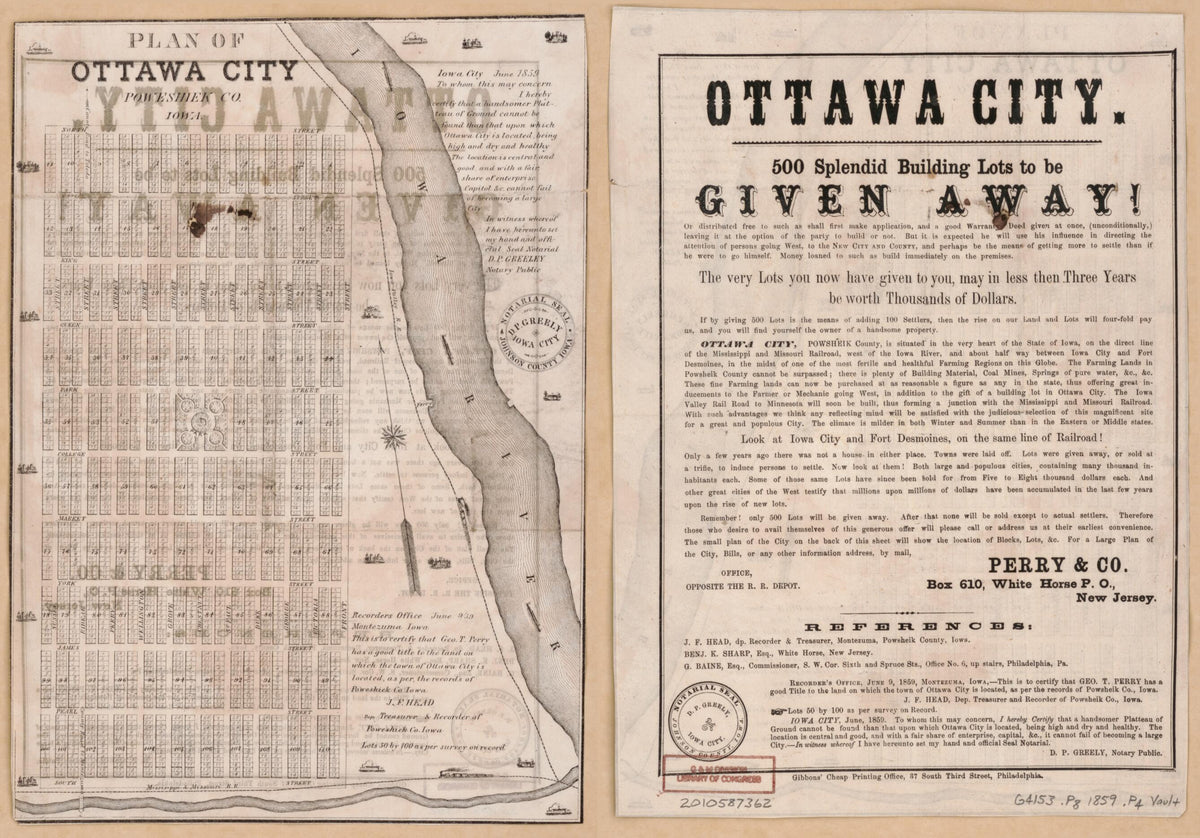 Plan of Ottawa City, Poweshiek Co., Iowa 1859 by Relic Map Company