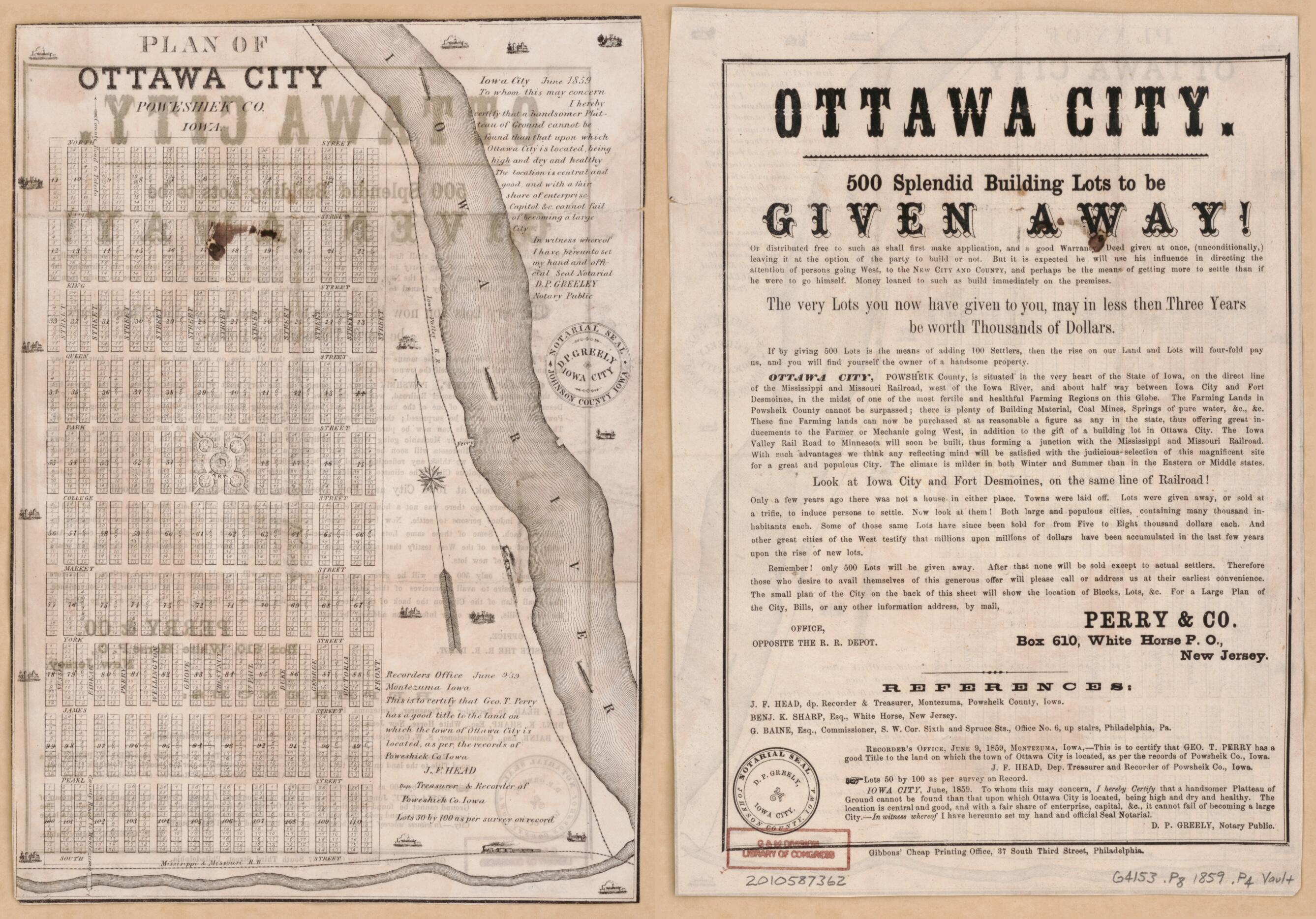 This old map of Plan of Ottawa City, Poweshiek Co., Iowa from 1859 was created by  in 1859