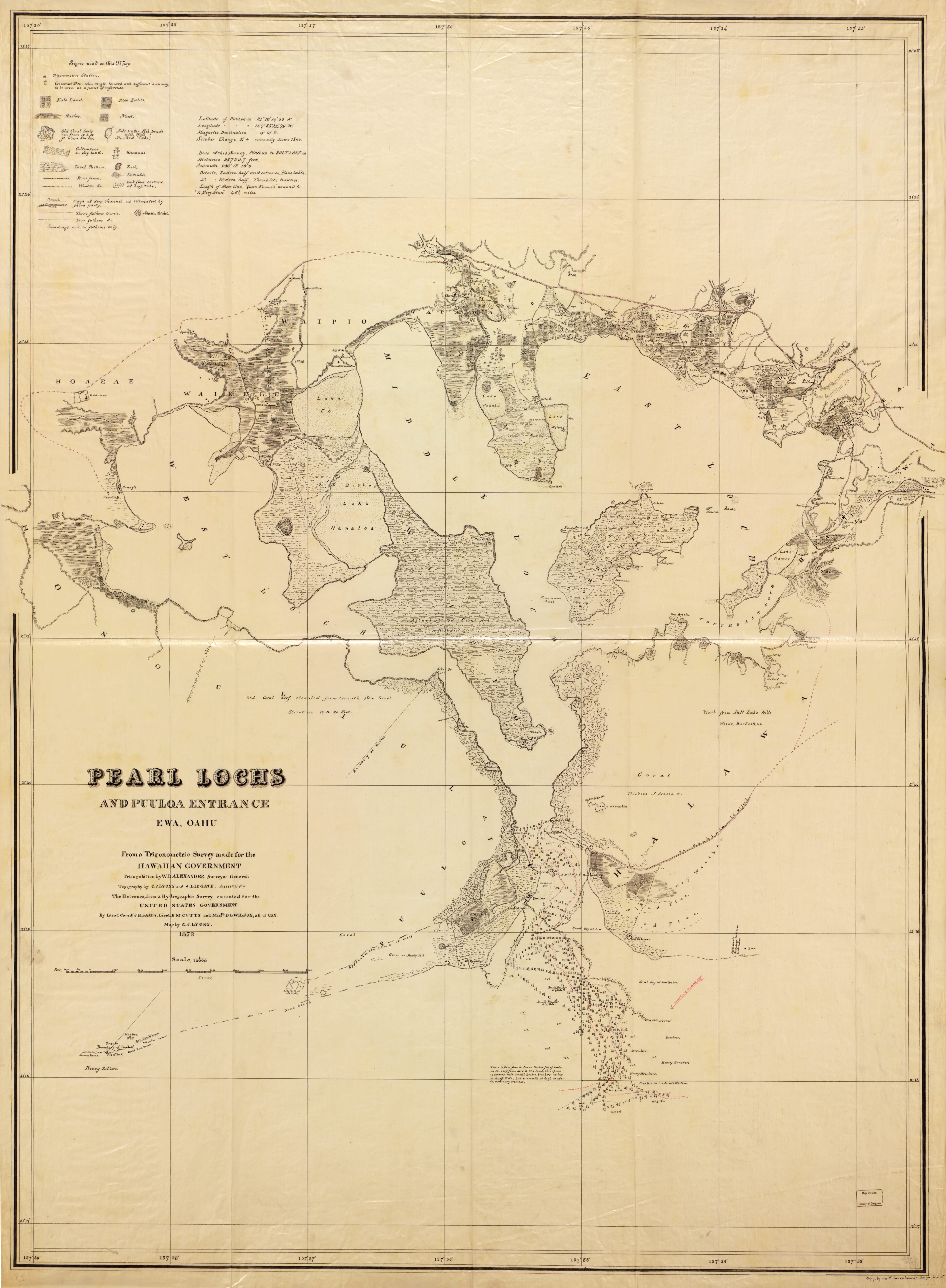 This old map of Pearl Lochs and Puuloa Entrance, Ewa, Oahu from 1873 was created by J. Lidgate, C. J. Lyons in 1873