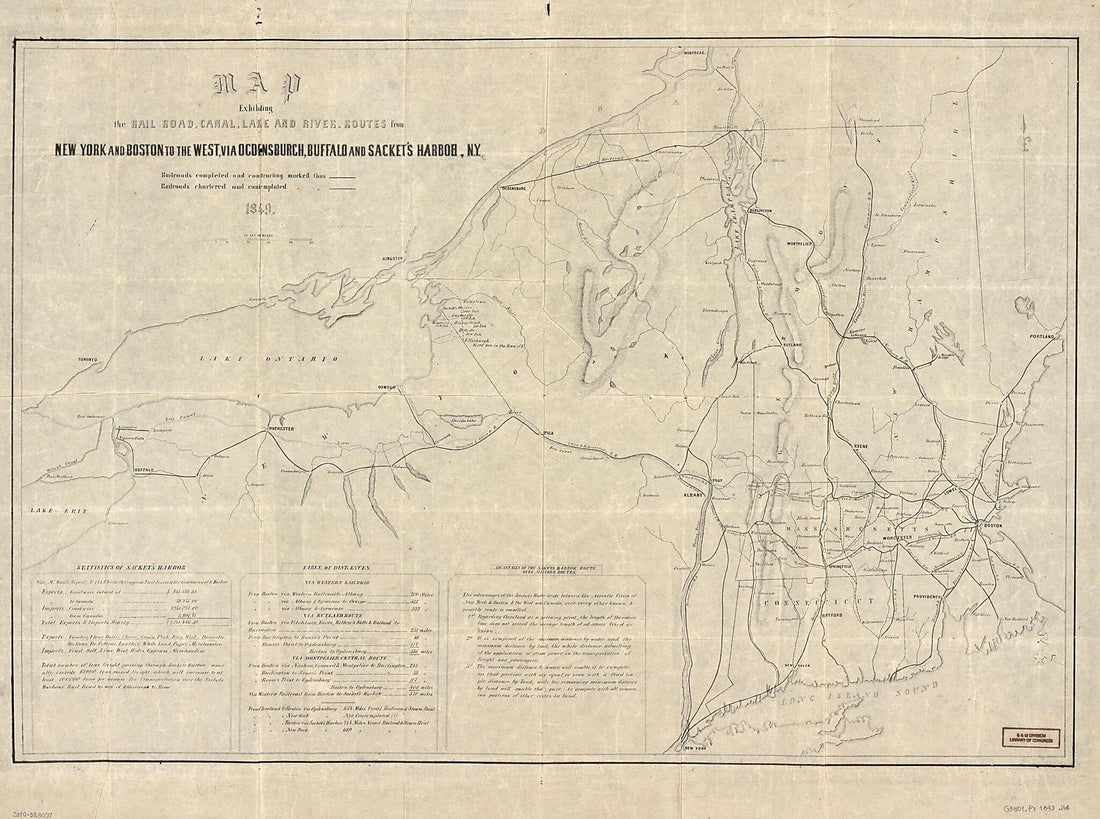 This old map of Map Exhibiting the Rail Road, Canal, Lake, and River Routes from New York and Boston to the West : Via Ocdensburgh sic and Sacket&