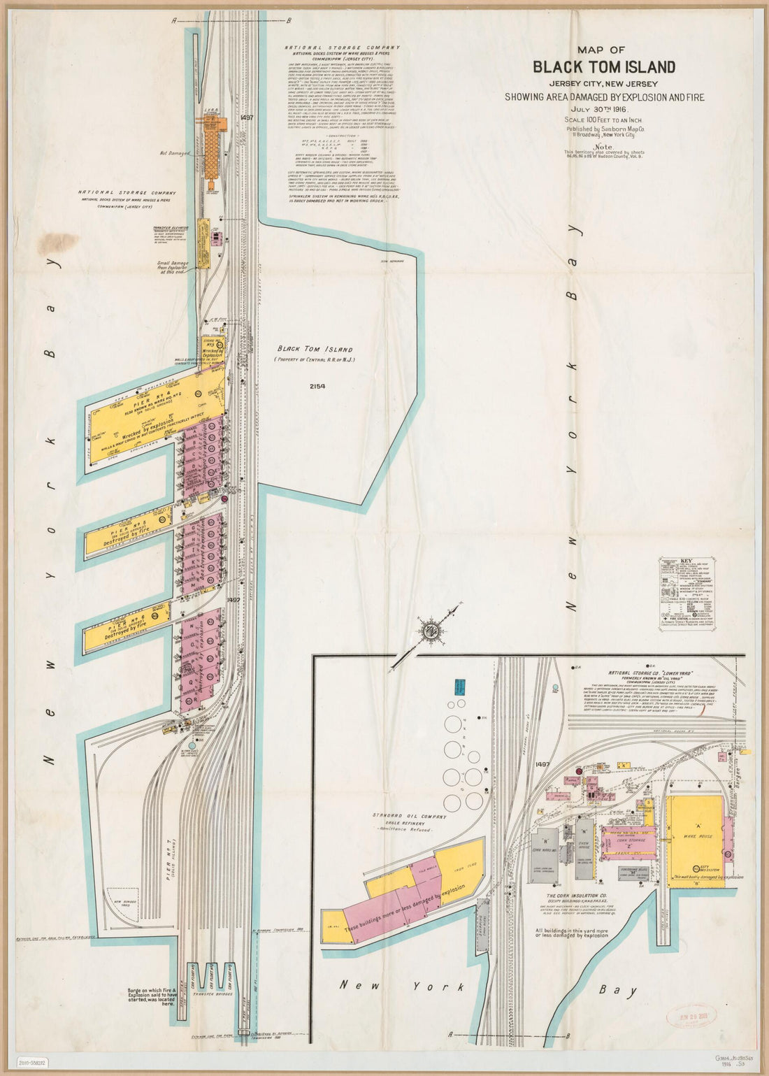 This old map of Map of Black Tom Island, Jersey City, New Jersey : Showing Area Damaged by Explosion and Fire, July 30th from 1916 was created by  Sanborn Map Company in 1916