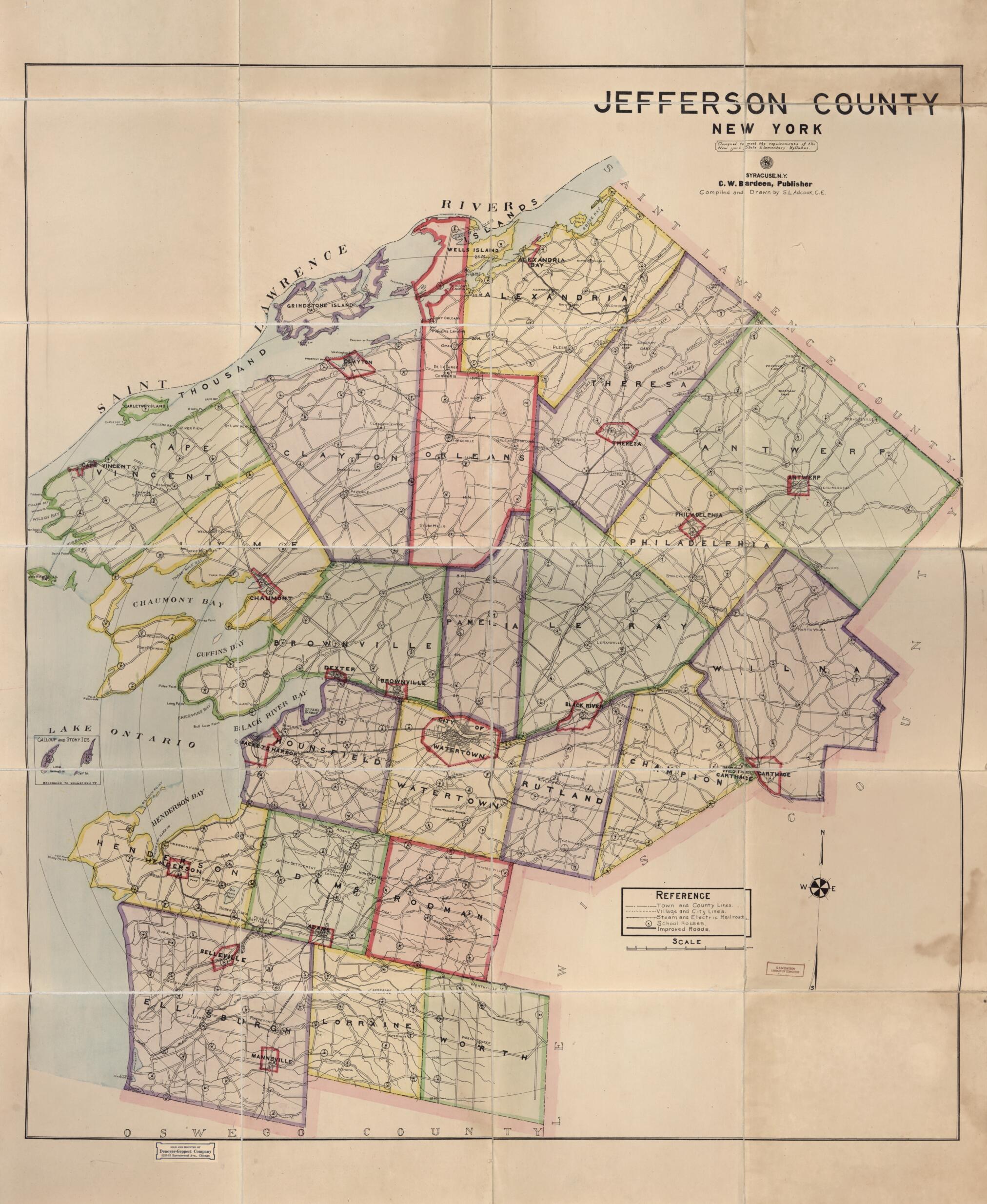 This old map of Jefferson County, New York from 1915 was created by S. L. Adcook, C. W. (Charles William) Bardeen in 1915