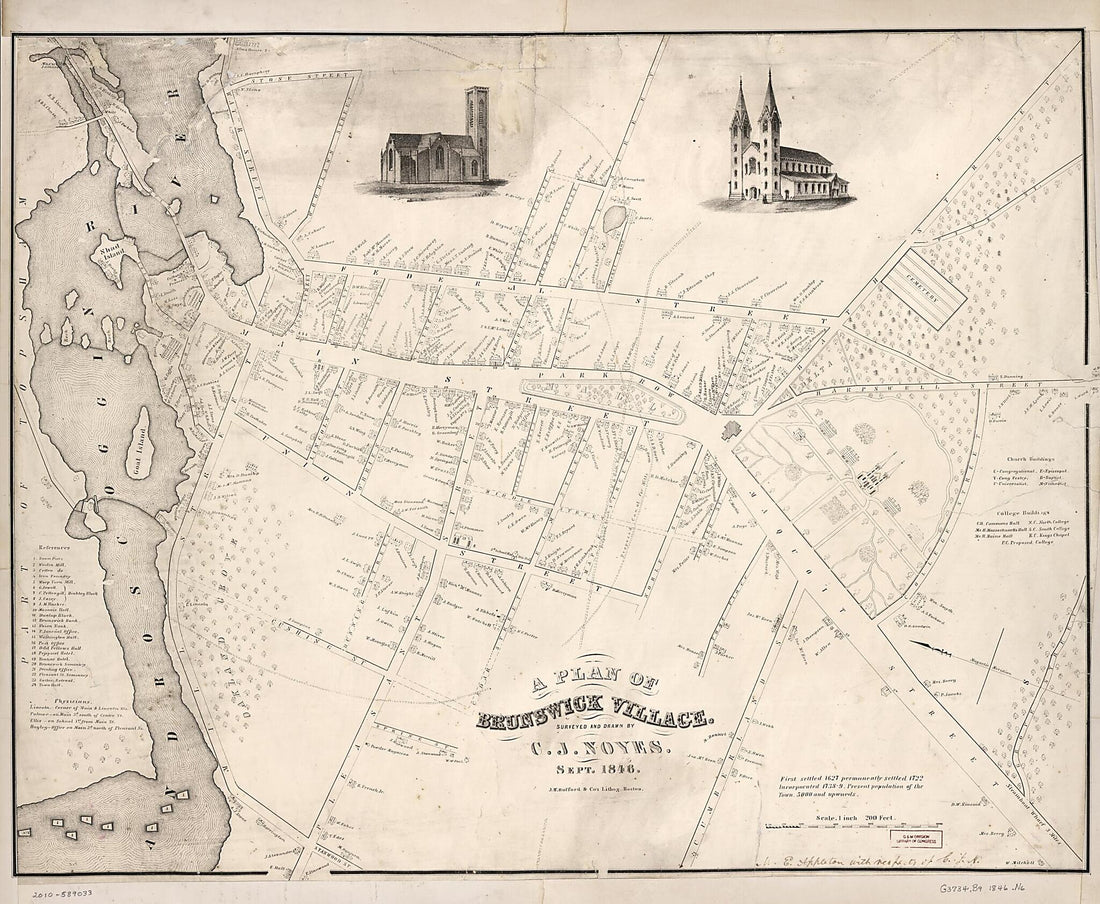This old map of A Plan of Brunswick Village from 1846 was created by  J.H. Bufford &amp; Co, C. J. Noyes in 1846