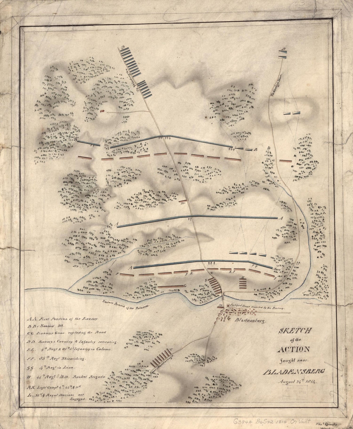 This old map of Sketch of the Action Fought Near Bladensberg i.e. Bladensburg, August 24th, 1814 from 1816 was created by Thos Ormsby in 1816