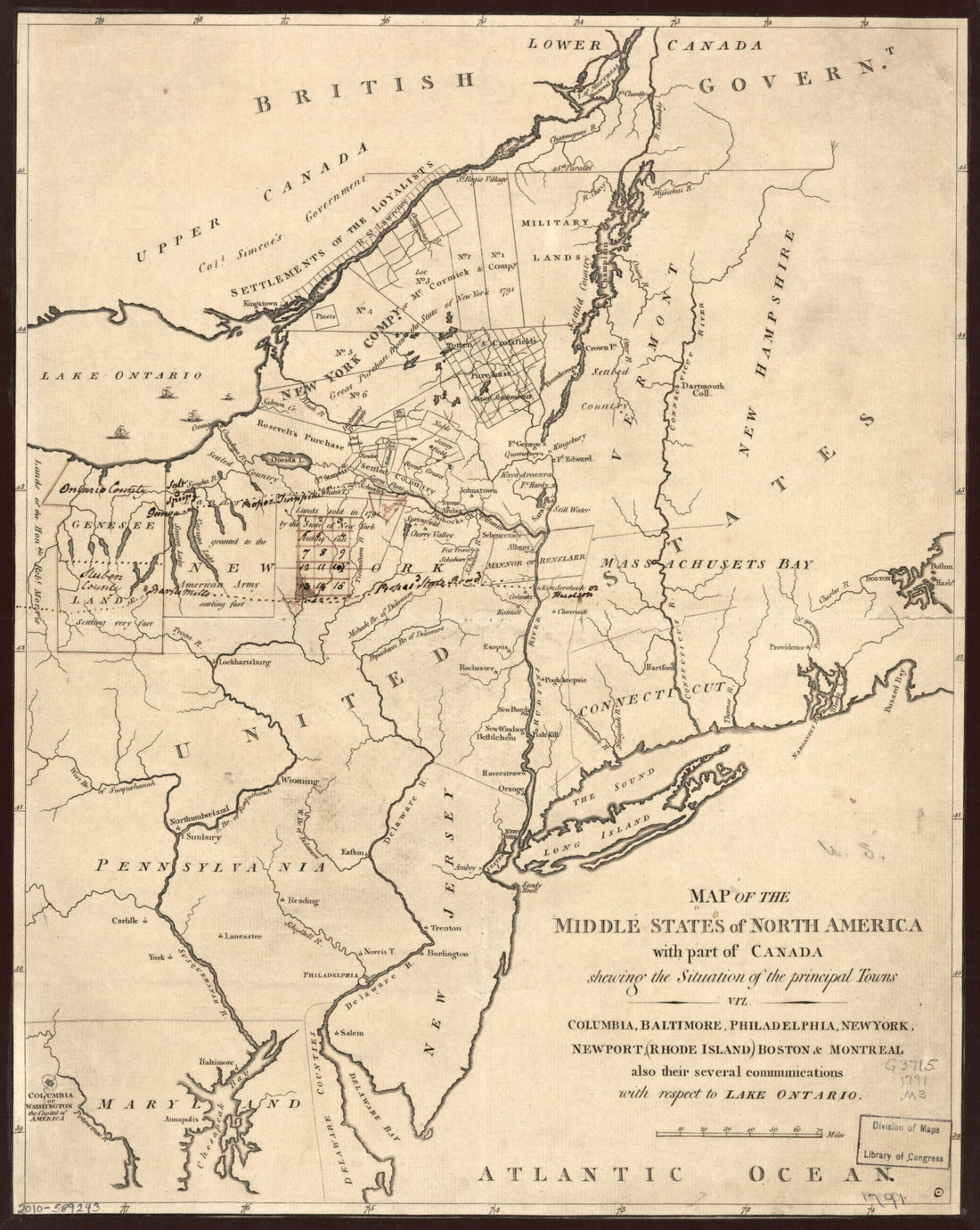 This old map of Map of the Middle States of North America With Part of Canada Shewing the Situation of the Principal Towns, Viz. Columbia i.e. Washington, D.C., Baltimore, Philadelphia, New York, Newport, Rhode Island, Boston &amp; Montreal, Also Their Sever