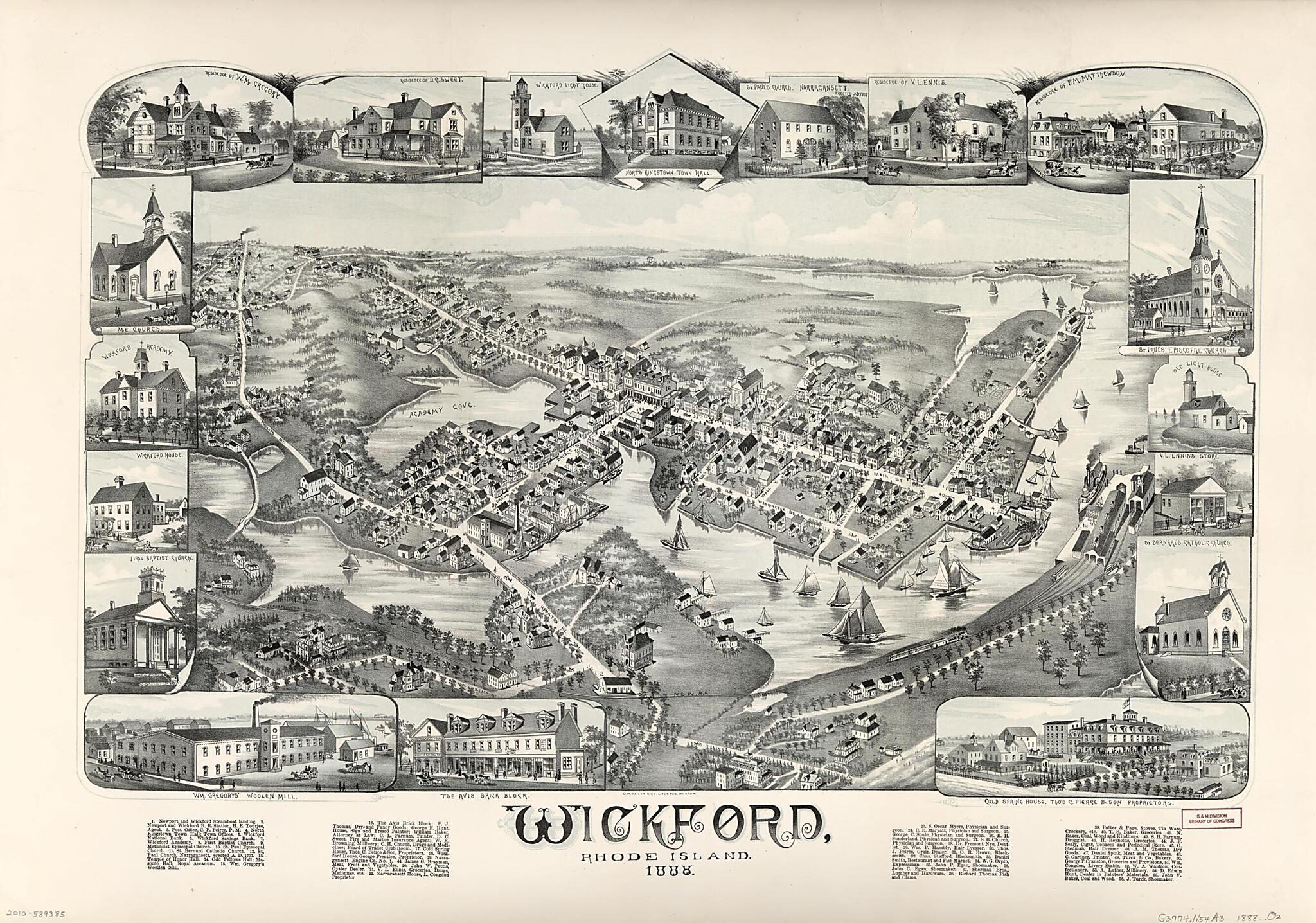 This old map of Wickford, Rhode Island, from 1888 was created by  O.H. Bailey &amp; Co in 1888