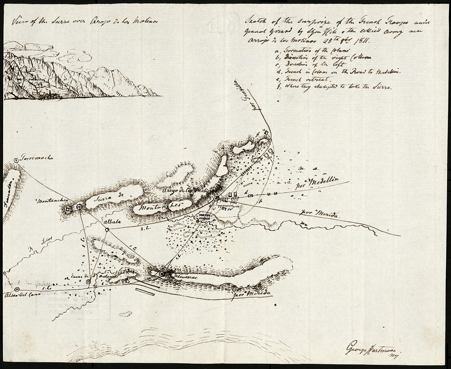This old map of Sketch of the Surprise of the French Troups Under General Girard by Lt. Gen. Hill of the Allied Army Near Arrojo De Los Molinos, 28th Obr. from 1811 was created by Georg Julius Von Hartmann in 1811