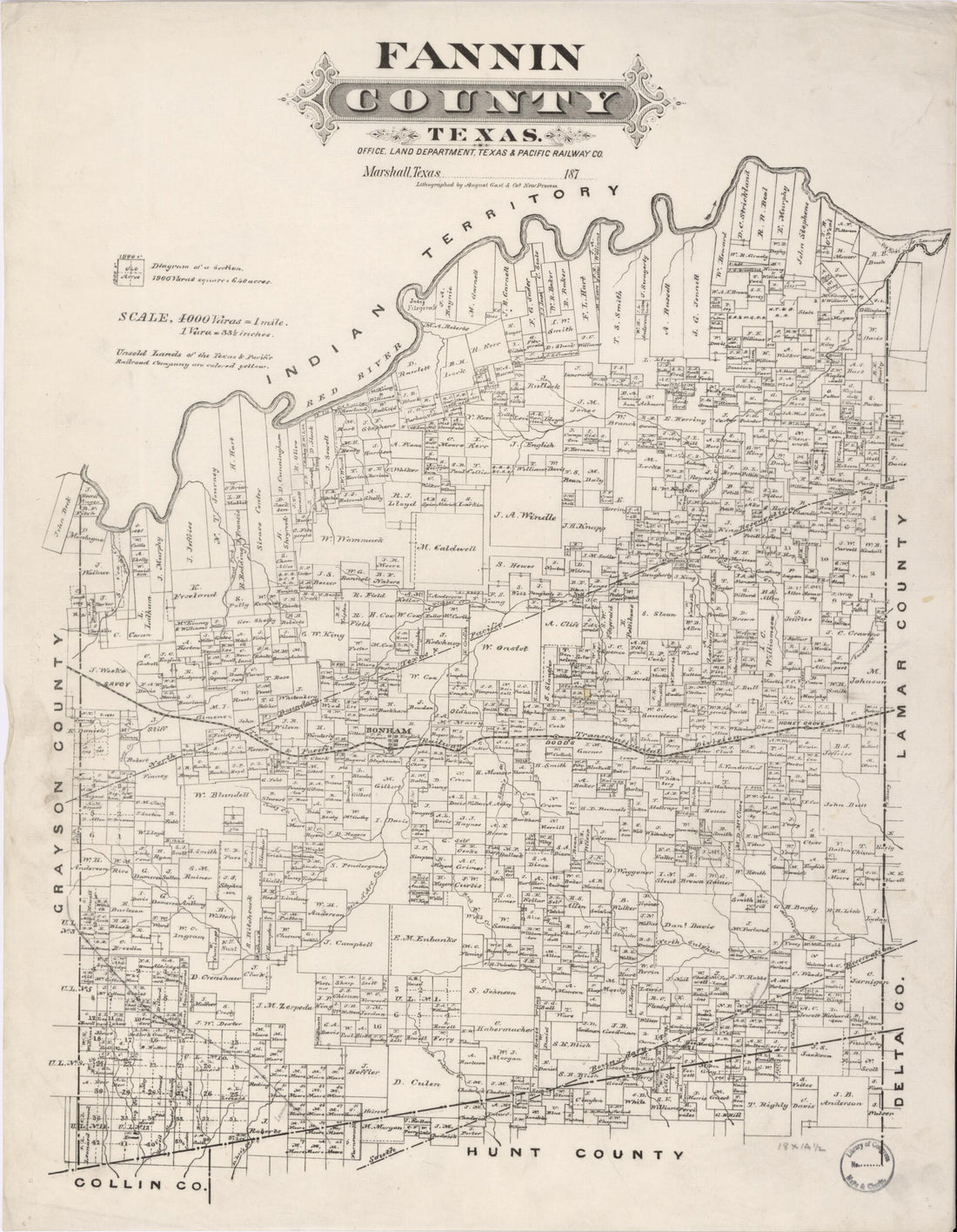 This old map of Fannin County, Texas from 1870 was created by  Texas &amp; Pacific Railway. Land Department in 1870