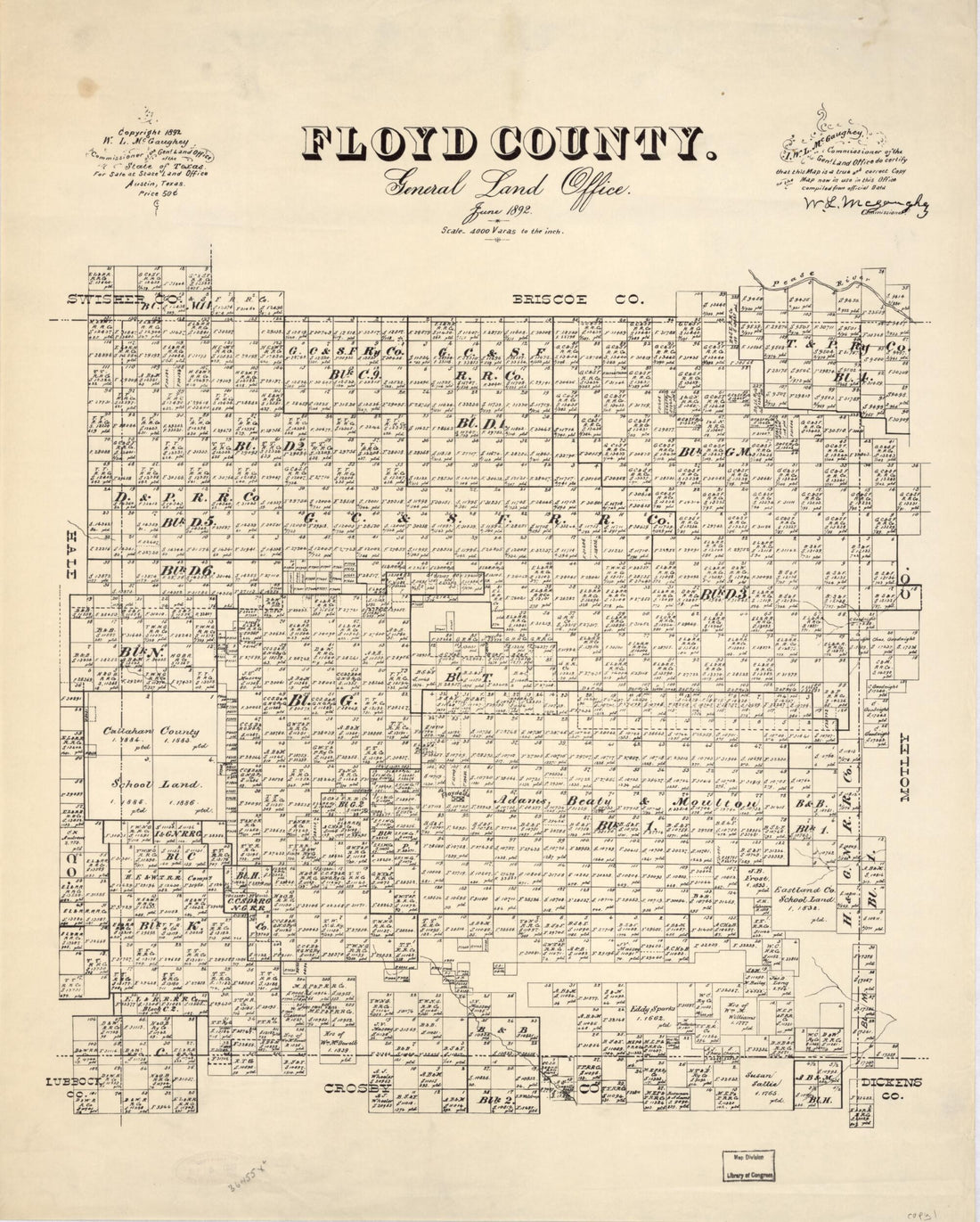 This old map of Floyd County : General Land Office, June from 1892 was created by W. L. McGaughey,  Texas. General Land Office in 1892