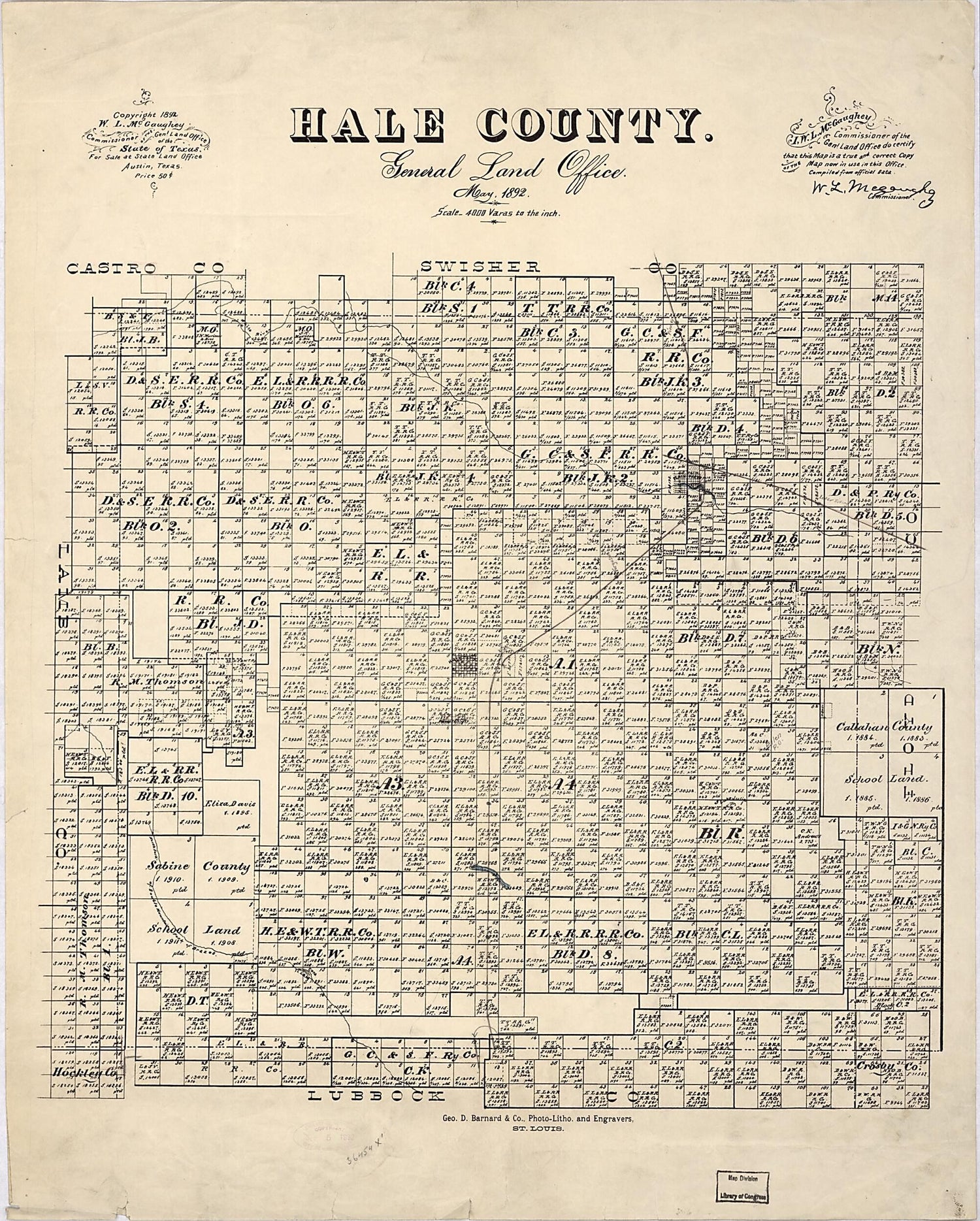 This old map of Hale County : General Land Office, May from 1892 was created by W. L. McGaughey,  Texas. General Land Office in 1892