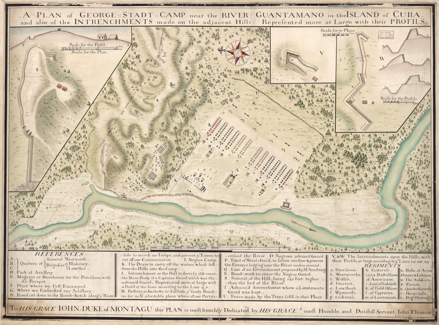 This old map of A Plan of George Stadt Camp Near the River Guantamano In the Island of Cuba and Also of the Intrenchments Made On the Adjacent Hills, Represented More at Large With Their Profils from 1741 was created by John Thomas in 1741