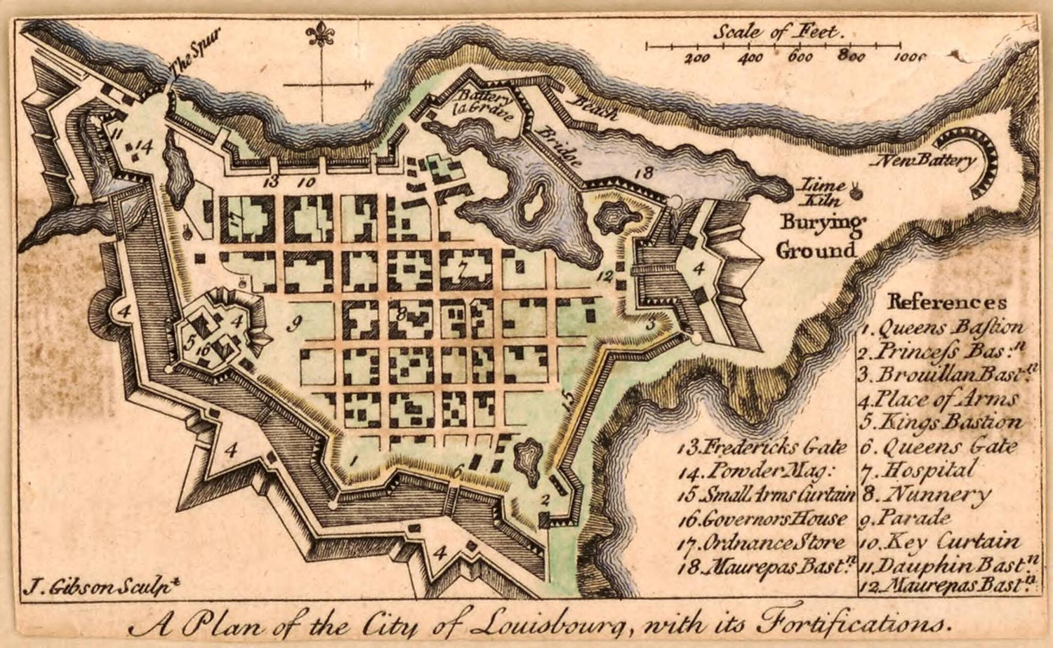 This old map of A Plan of the City of Louisbourg With Its Fortifications from 1758 was created by J. (John) Gibson in 1758