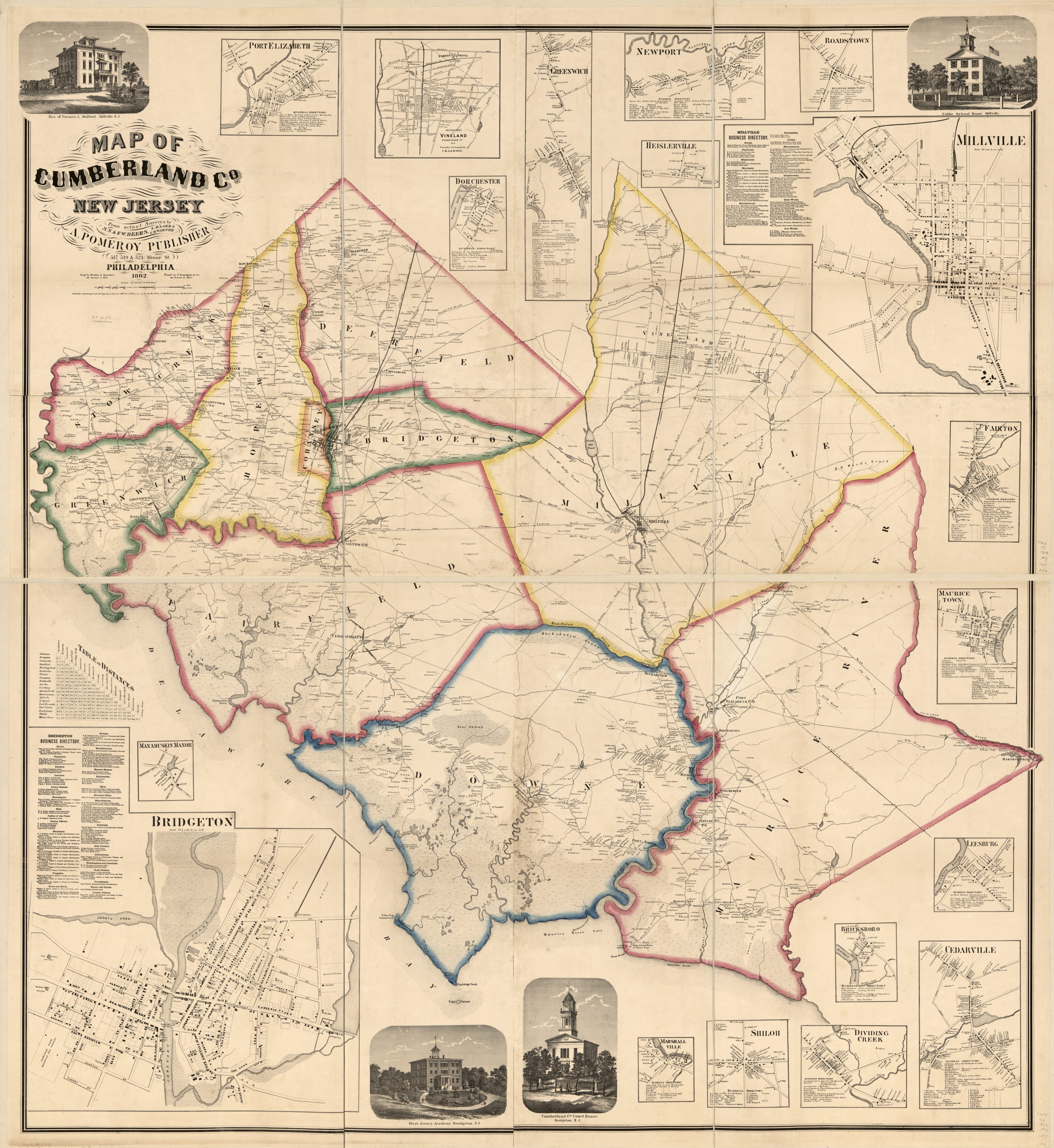 This old map of Map of Cumberland Co., New Jersey : from Actual Surveys (Map of Cumberland County, New Jersey) from 1862 was created by  A. Pomeroy &amp; Co, F. W. (Frederick W.) Beers, S. N. Beers, L. B. Lake, C. S. (Charles S.) Warner in 1862