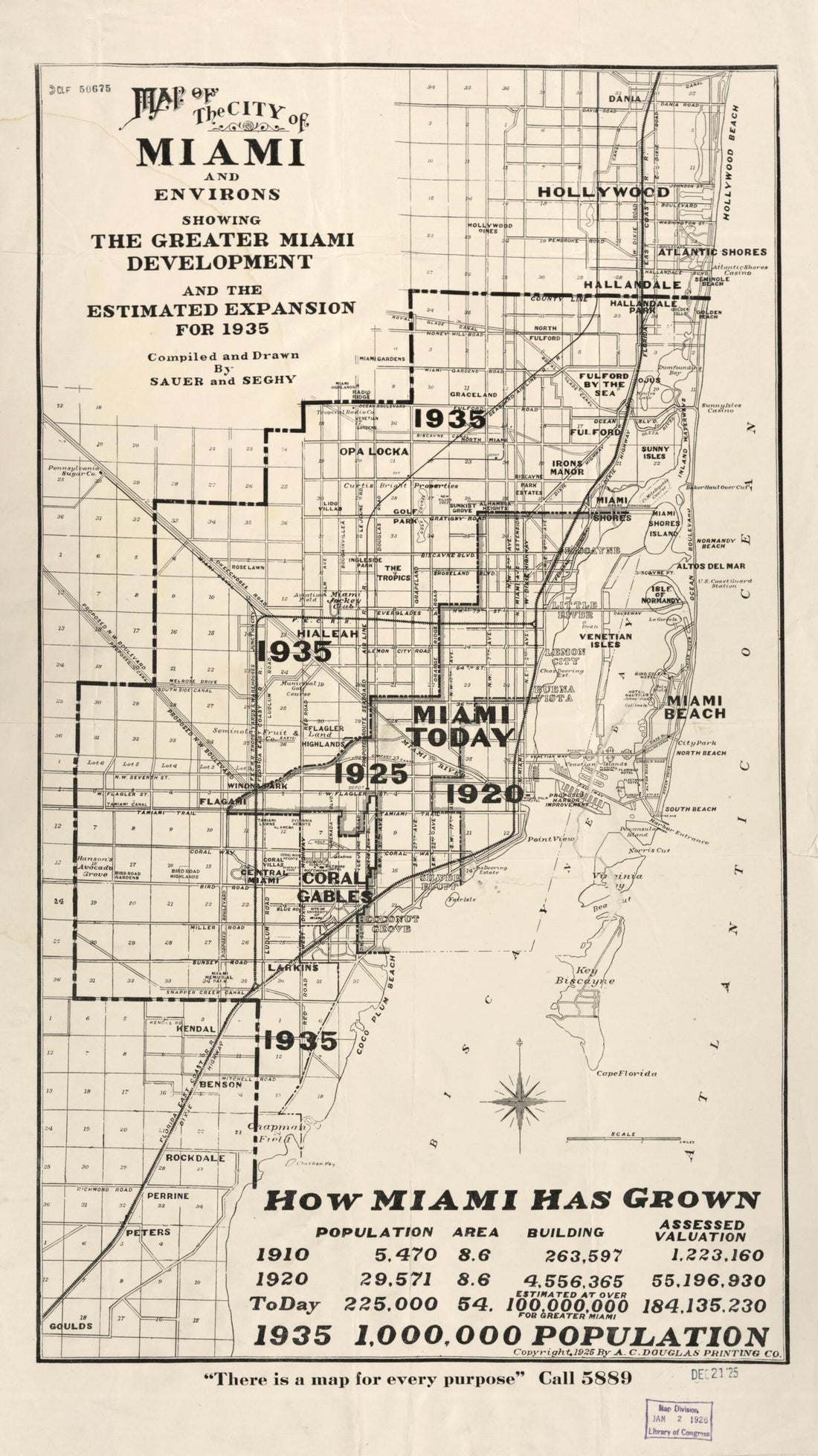 This old map of Map of the City of Miami and Environs : Showing the Greater Miami Development and the Estimated Expansion for 1935 from 1925 was created by  Sauer and Seghy in 1925