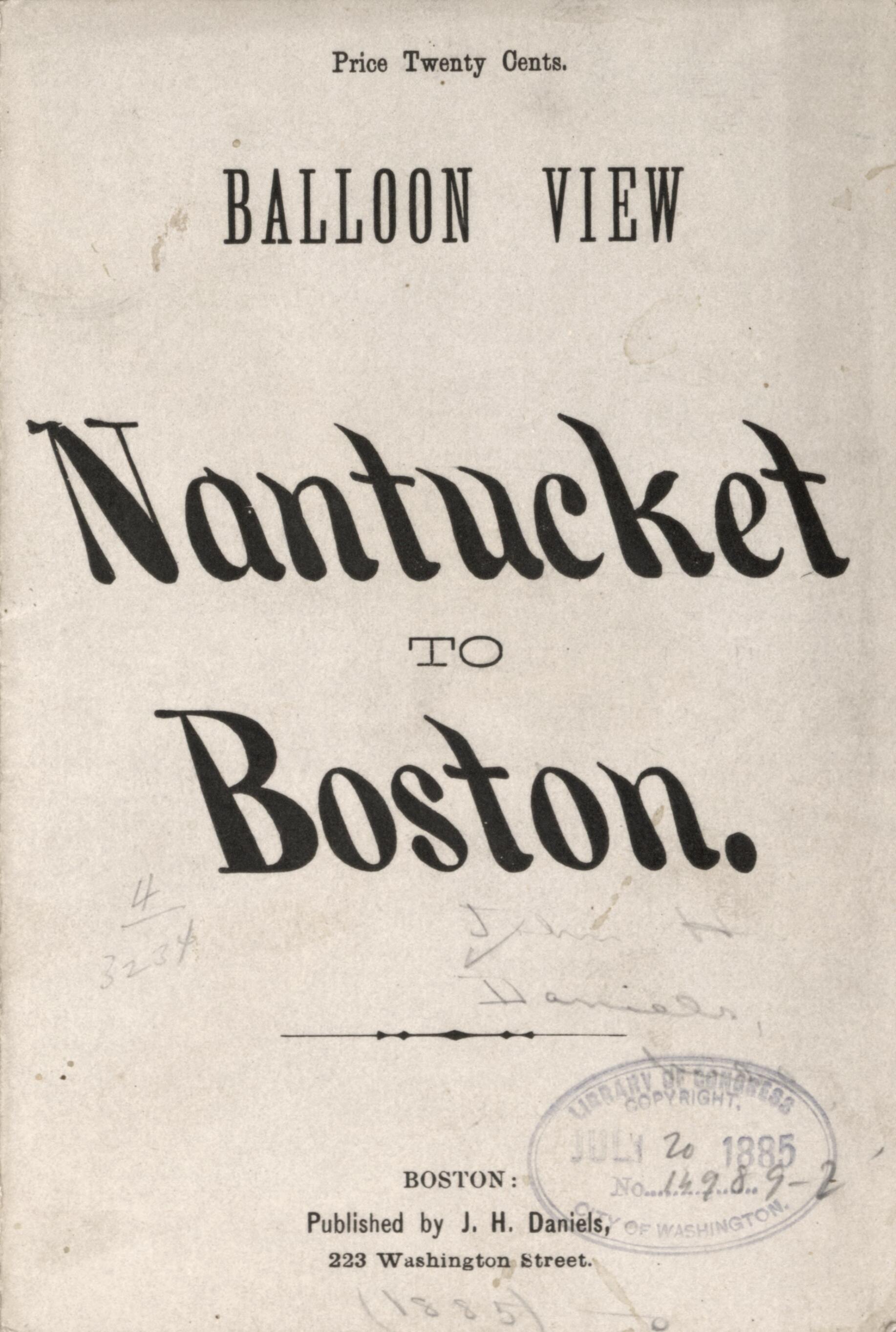 This old map of Balloon View, Nantucket to Boston from 1885 was created by John H. Daniels, J. H. Wheeler in 1885