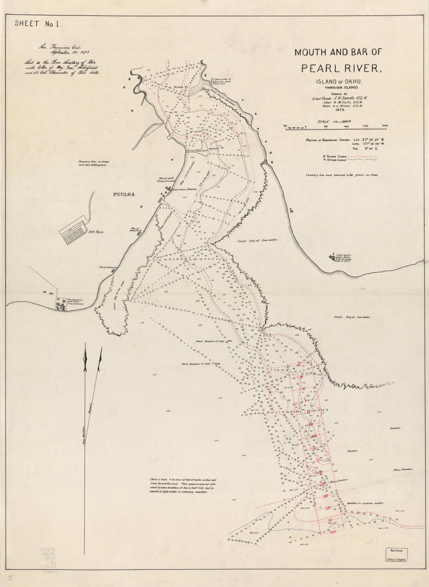 This old map of Mouth and Bar of Pearl River, Island of Oahu, Hawaiian Islands from 1873 was created by R. M. Cutts, J. H. Sands, D. L. Wilson in 1873