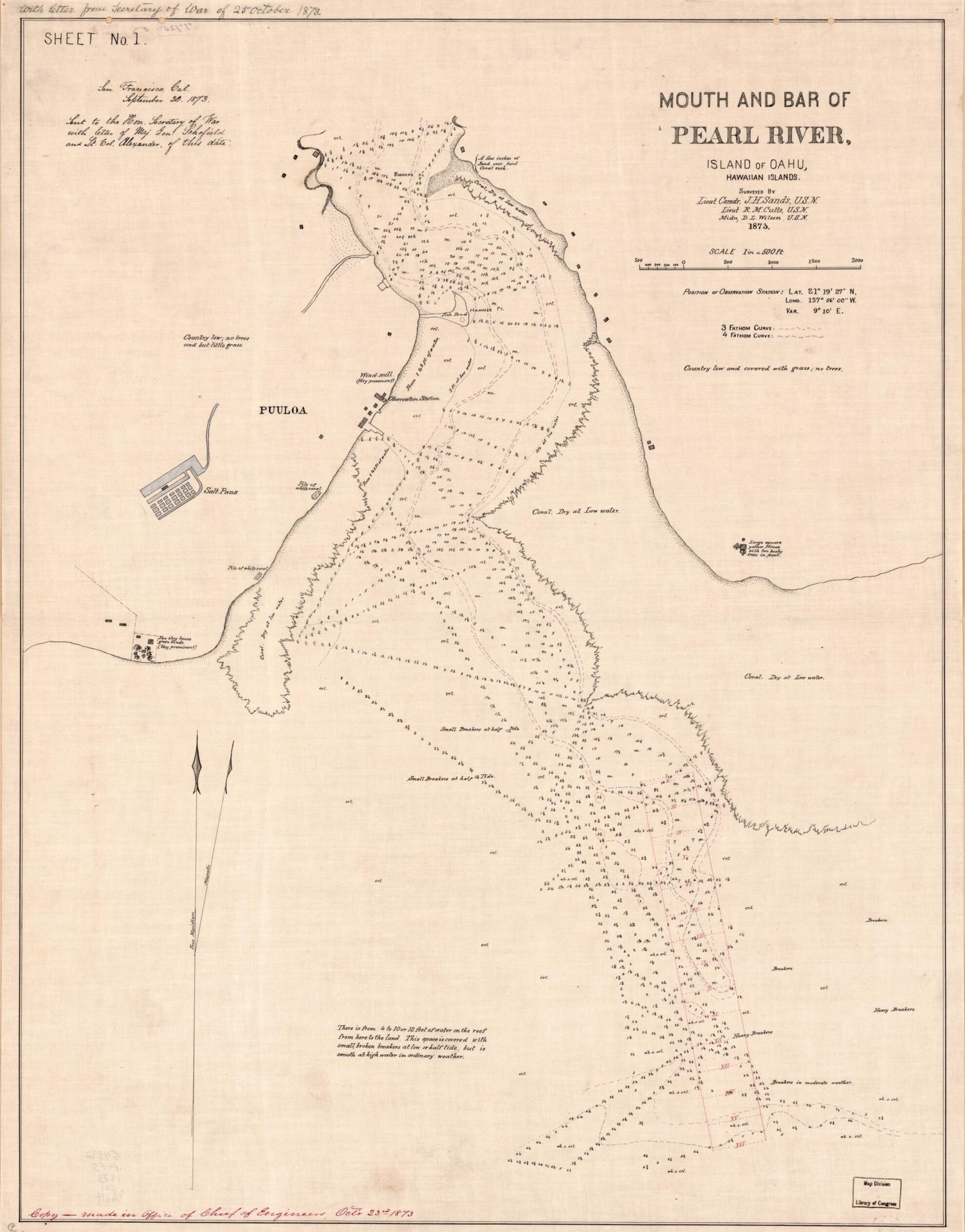 This old map of Mouth and Bar of Pearl River, Island of Oahu, Hawaiian Islands from 1873 was created by R. M. Cutts, J. H. Sands, D. L. Wilson in 1873