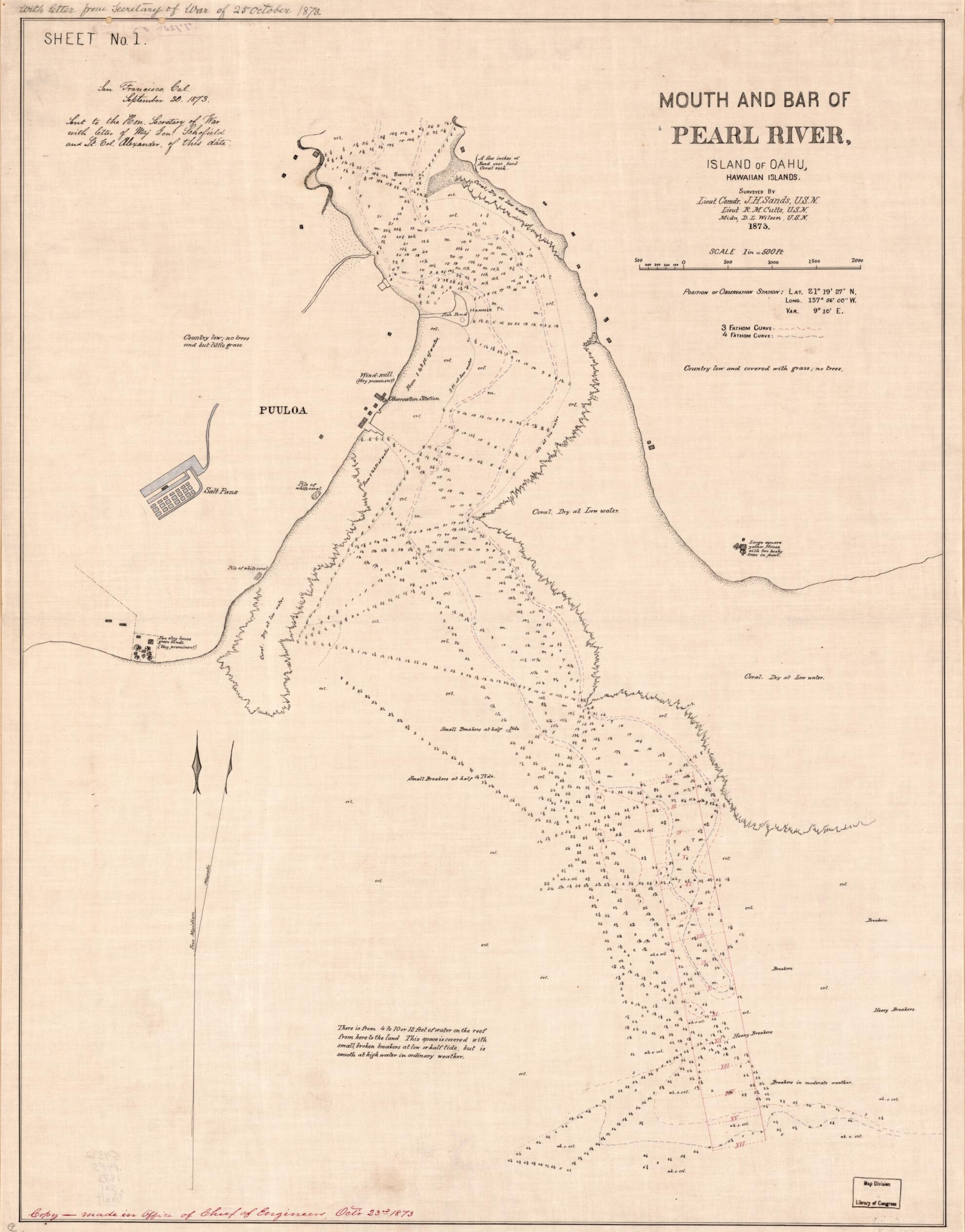 This old map of Mouth and Bar of Pearl River, Island of Oahu, Hawaiian Islands from 1873 was created by R. M. Cutts, J. H. Sands, D. L. Wilson in 1873