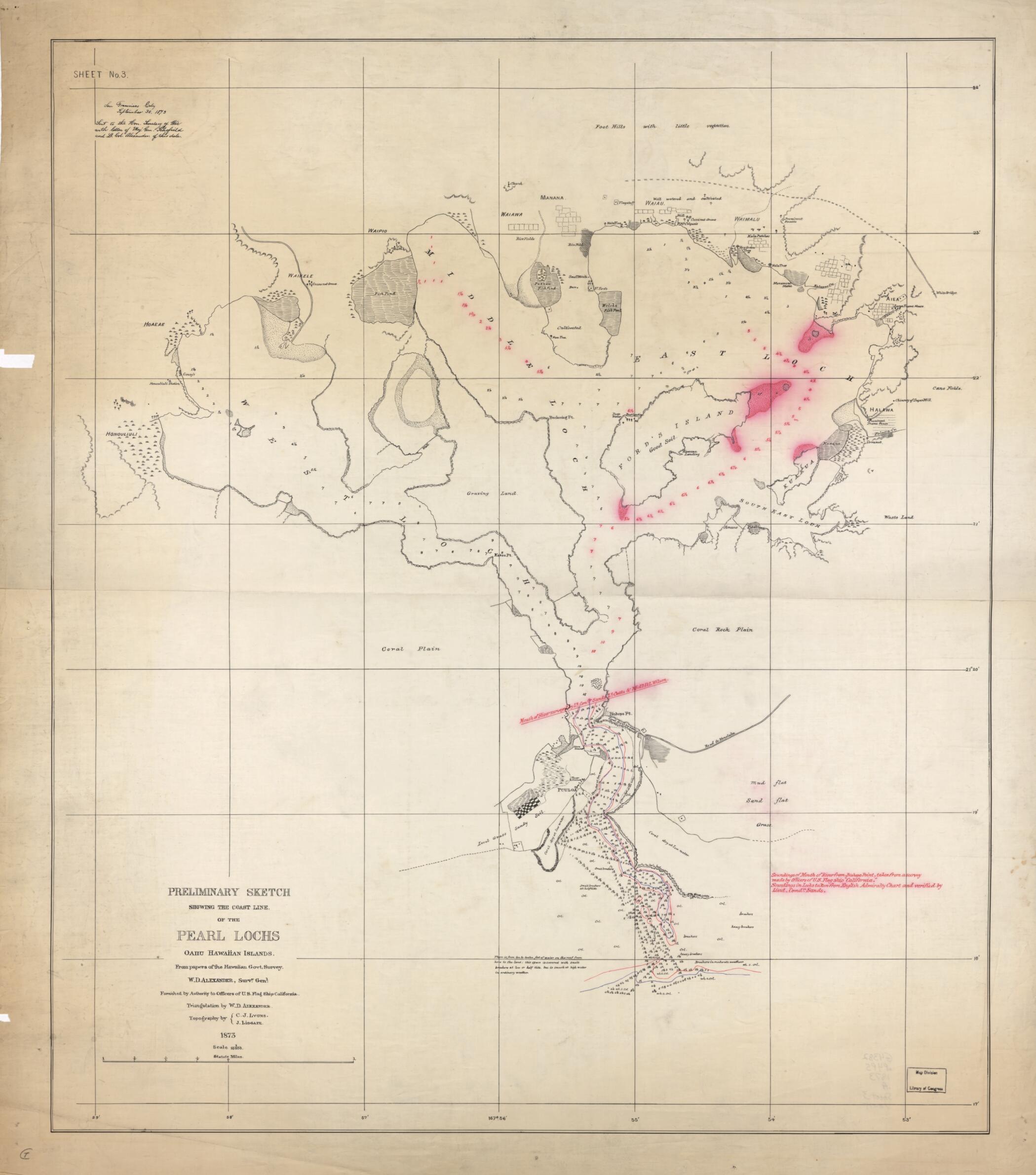 This old map of Preliminary Sketch Showing the Coast Line of the Pearl Lochs, Oahu, Hawaiian Islands from 1873 was created by J. Lidgate, C. J. Lyons in 1873