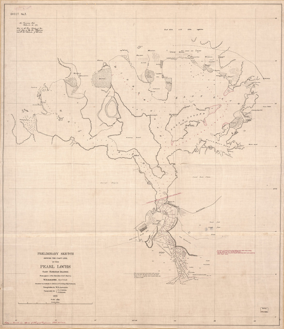 This old map of Preliminary Sketch Showing the Coast Line of the Pearl Lochs, Oahu, Hawaiian Islands from 1873 was created by J. Lidgate, C. J. Lyons in 1873