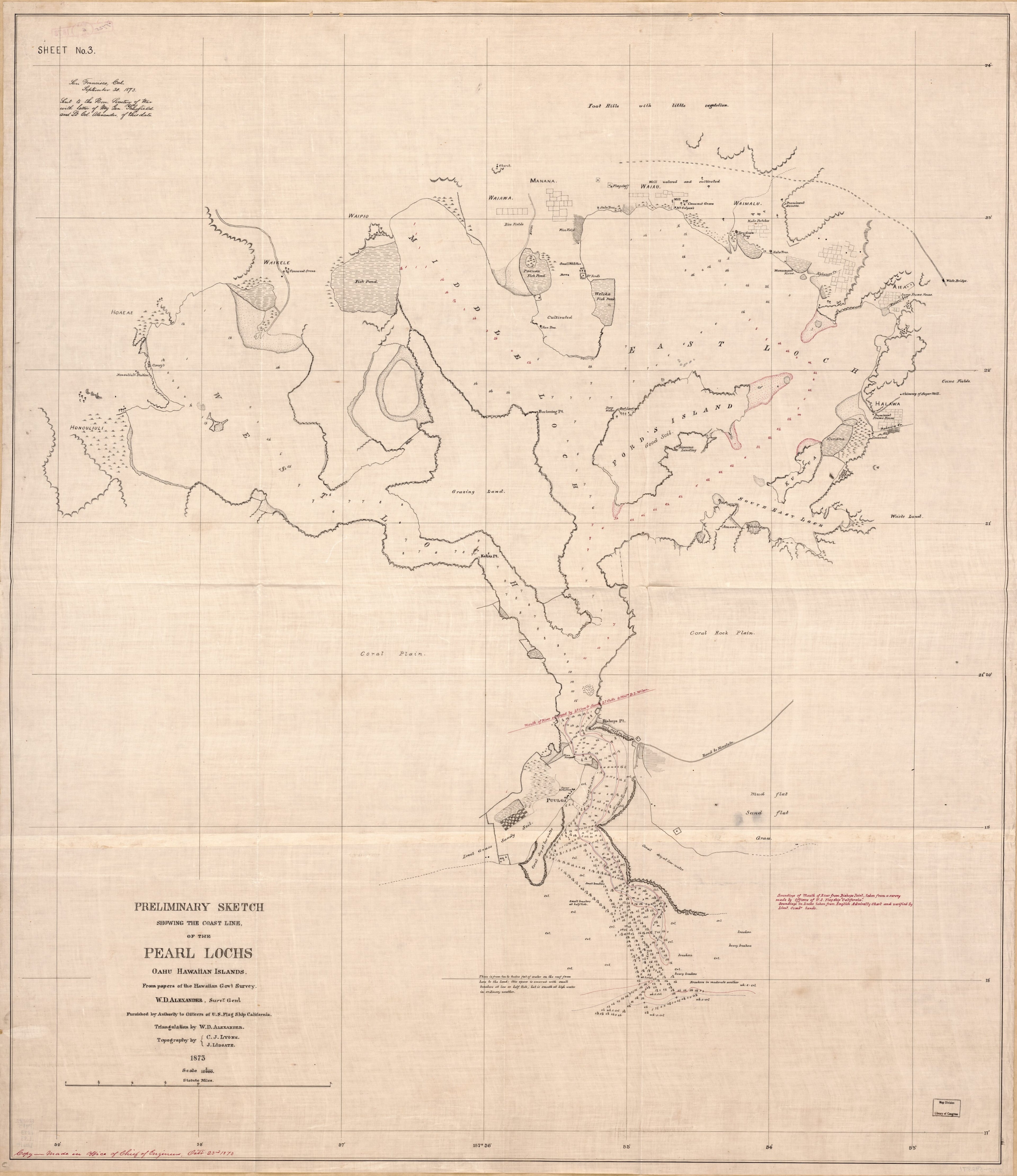 This old map of Preliminary Sketch Showing the Coast Line of the Pearl Lochs, Oahu, Hawaiian Islands from 1873 was created by J. Lidgate, C. J. Lyons in 1873