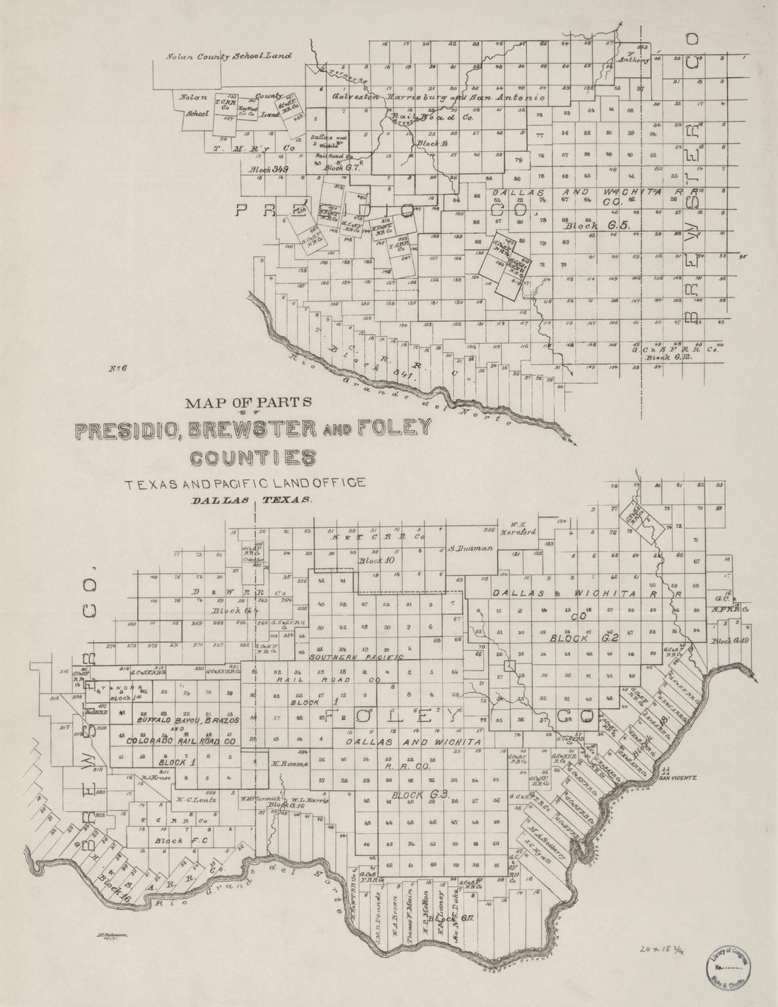 This old map of Map of Parts of Presidio, Brewster and Foley Counties : Texas and Pacific Land Office, Dallas, Texas from 1891 was created by M. Stakemann in 1891