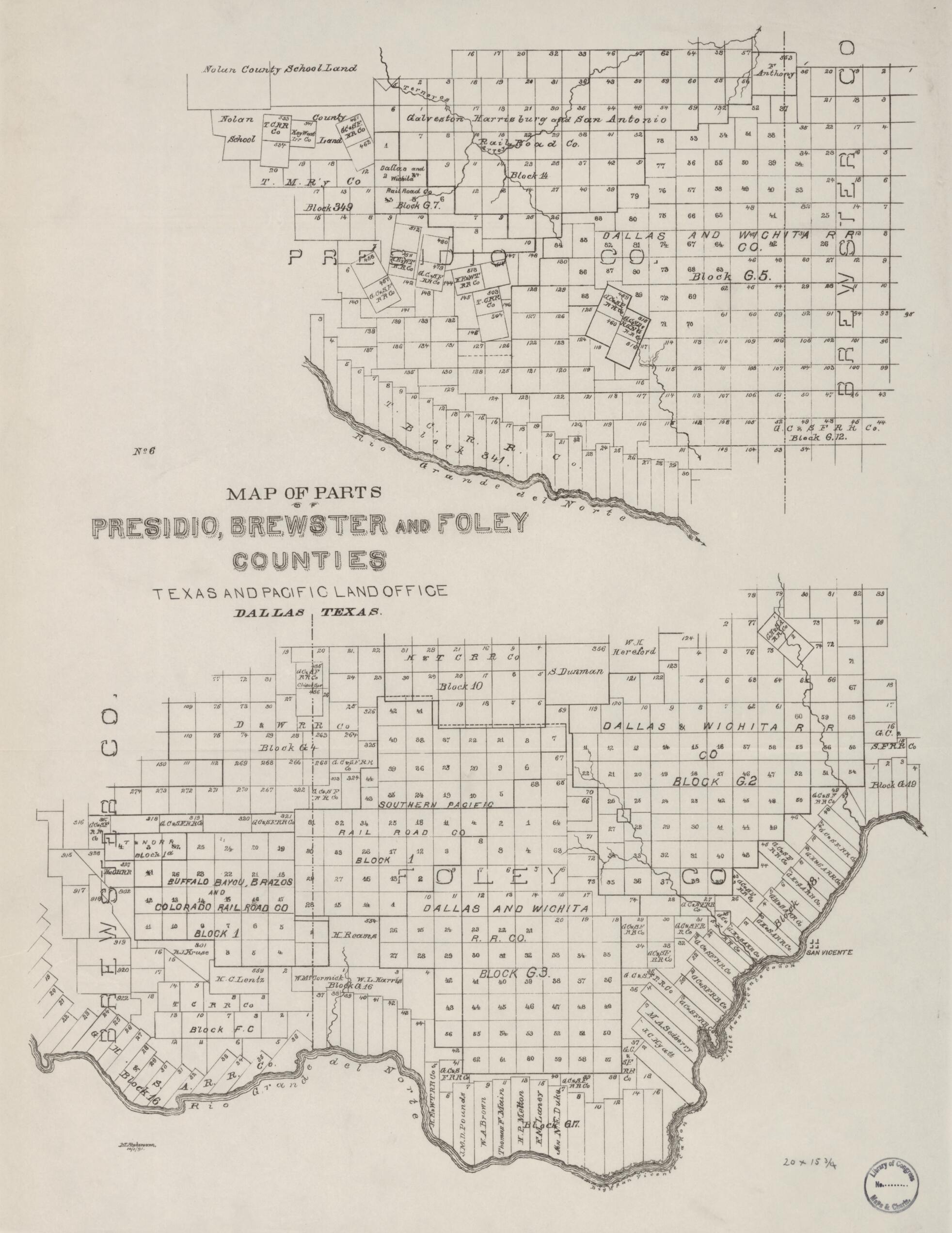 This old map of Map of Parts of Presidio, Brewster and Foley Counties : Texas and Pacific Land Office, Dallas, Texas from 1891 was created by M. Stakemann in 1891