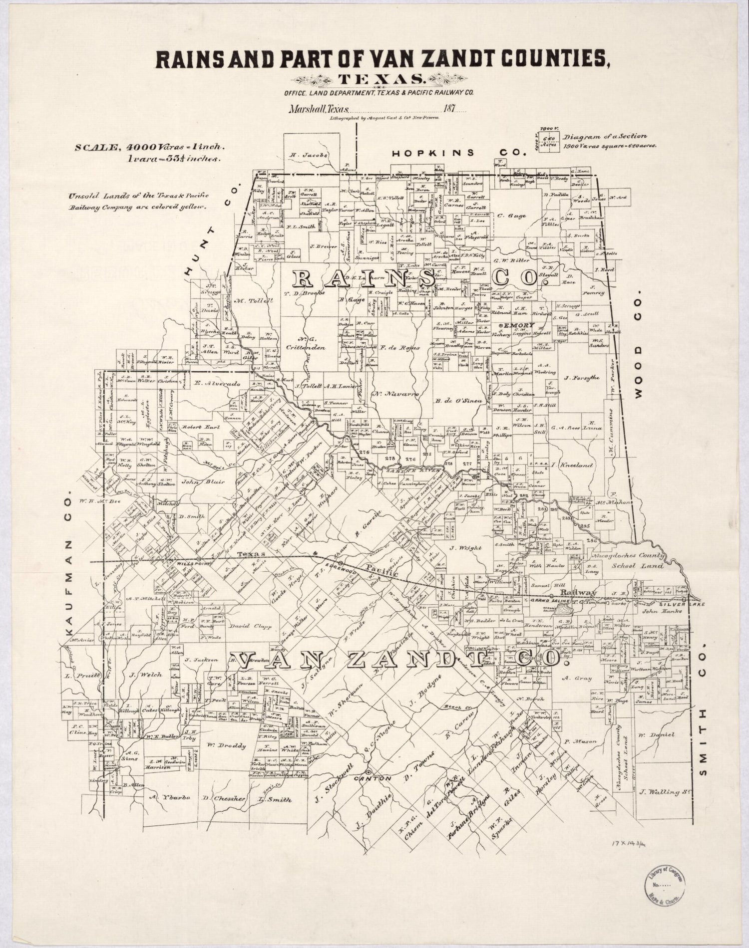 This old map of Rains and Part of Van Zandt Counties from 1870 was created by  Texas &amp; Pacific Railway. Land Department in 1870