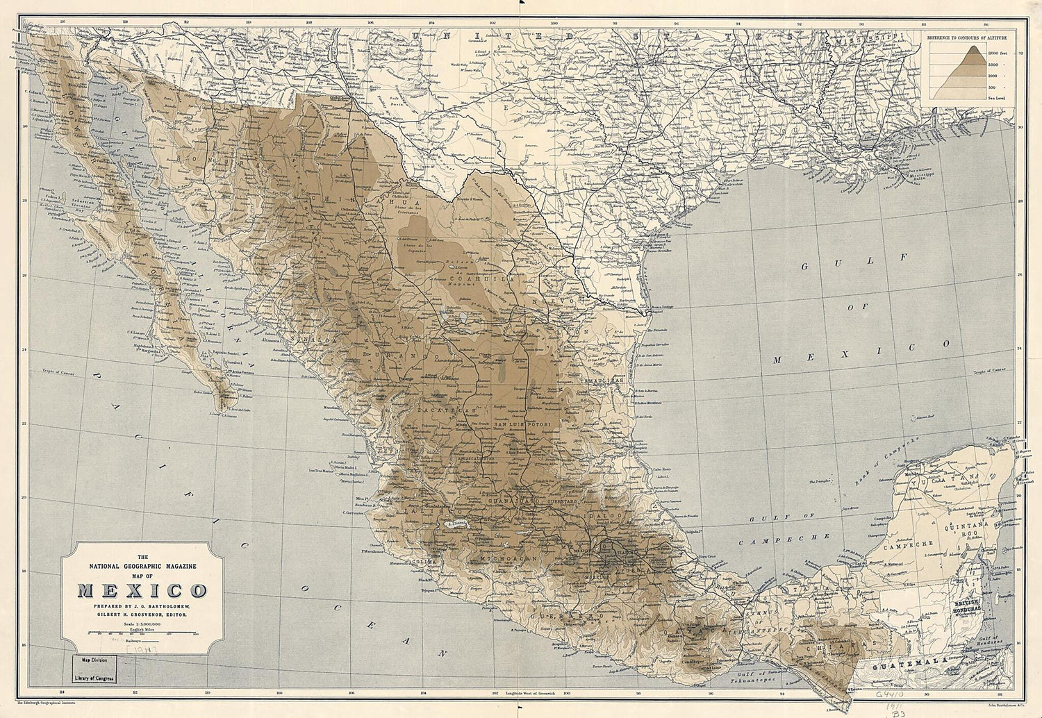 This old map of The National Geographic Magazine Map of Mexico from 1911 was created by J. G. (John George) Bartholomew,  Edinburgh Geographical Institute, Gilbert Hovey Grosvenor,  National Geographic Society (U.S.) in 1911