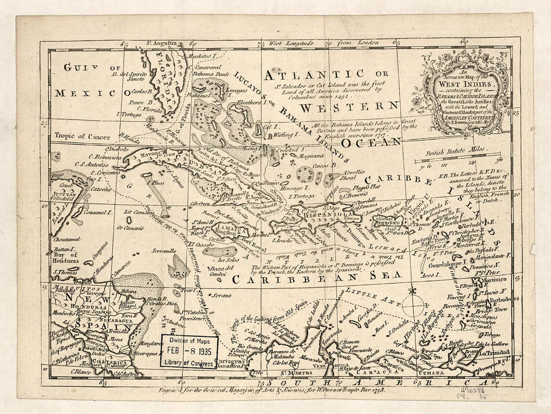 This old map of An Accurate Map of the West Indies Containing the Bahama &amp; Caribbe Islands, the Great &amp; Little Antilles With the Leward and Windward Islands &amp; Part of the American Continent from 1758 was created by Emanuel Bowen in 1758