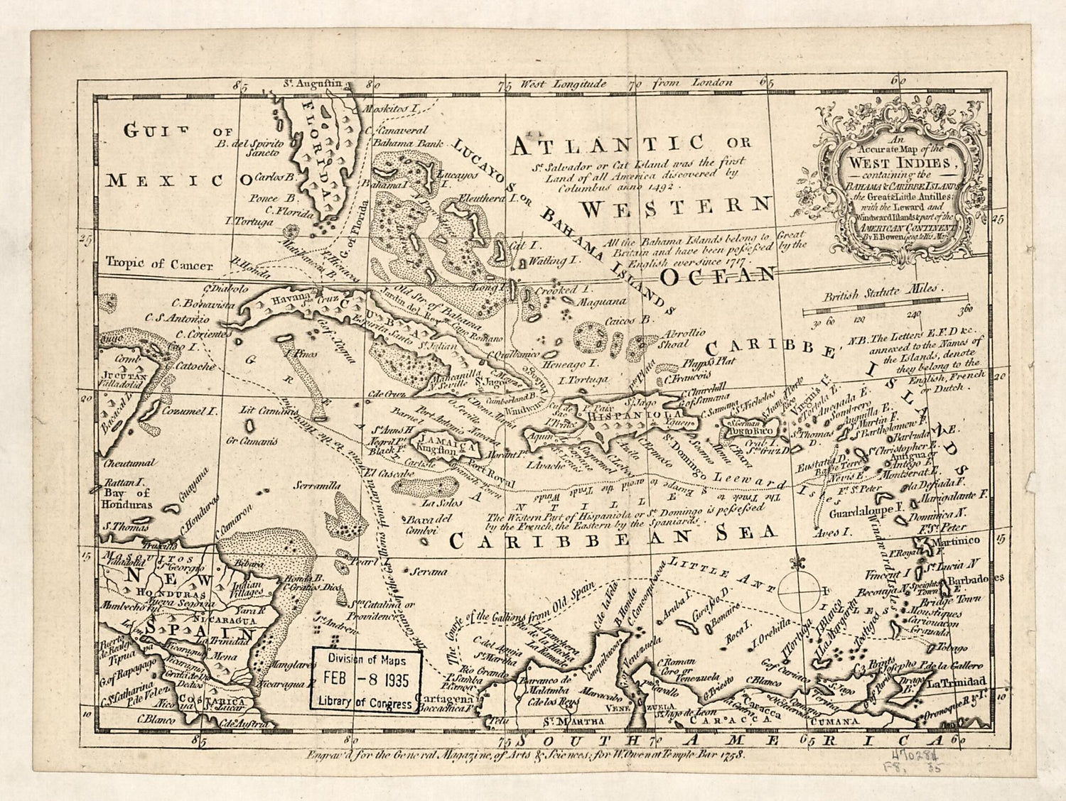 This old map of An Accurate Map of the West Indies Containing the Bahama &amp; Caribbe Islands, the Great &amp; Little Antilles With the Leward and Windward Islands &amp; Part of the American Continent from 1758 was created by Emanuel Bowen in 1758