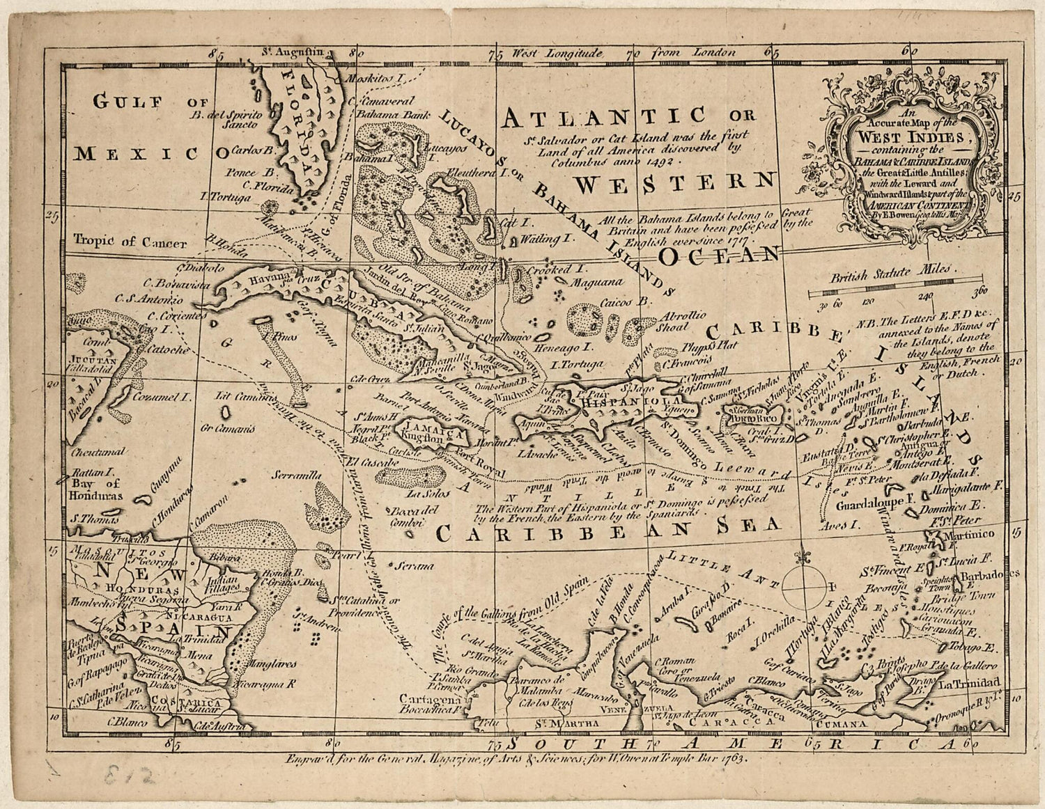 An Accurate Map of the West Indies Containing the Bahama &amp; Caribbe Islands, the Great &amp; Little Antilles With the Leward and Windward Islands &amp; Part of the American Continent 1763 by Relic Map Company