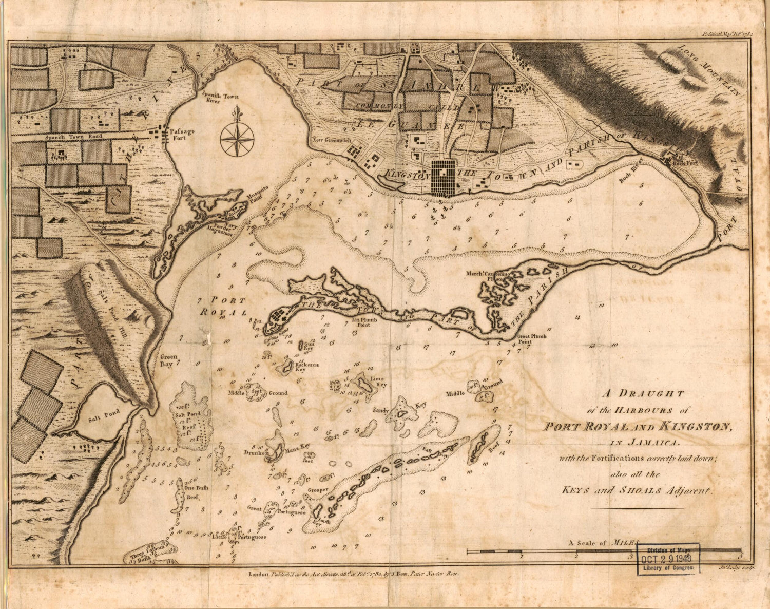 This old map of A Draught of the Harbours of Port Royal and Kingston In Jamaica With the Fortifications Correctly Laid Down, Also All the Keys and Shoals Adjacent from 1782 was created by John Lodge in 1782