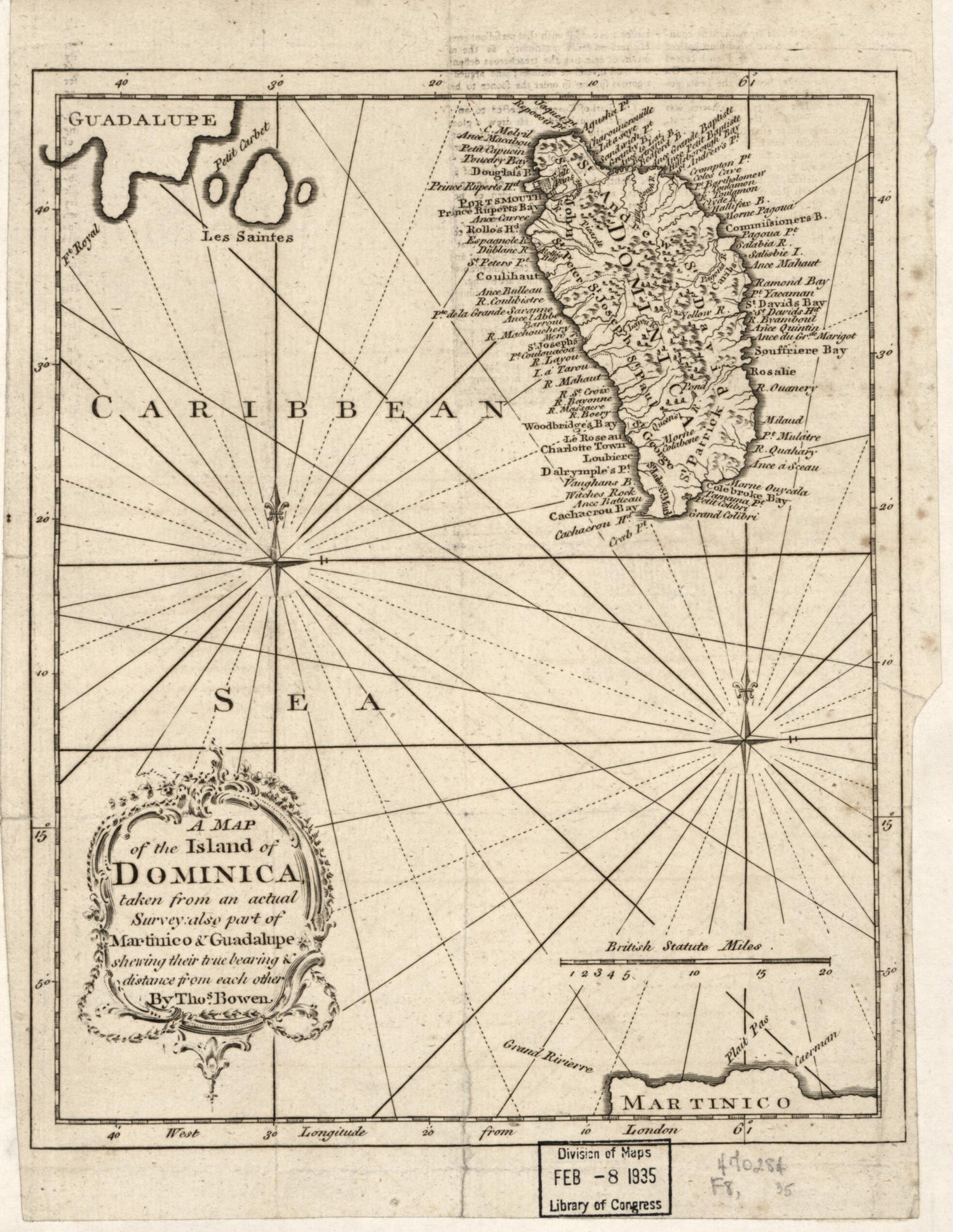 This old map of A Map of the Island of Dominica Taken from an Actual Survey, Also Part of Martinico &amp; Guadalupe Shewing Their True Bearing &amp; Distance from Each Other from 1778 was created by Thomas Bowen in 1778