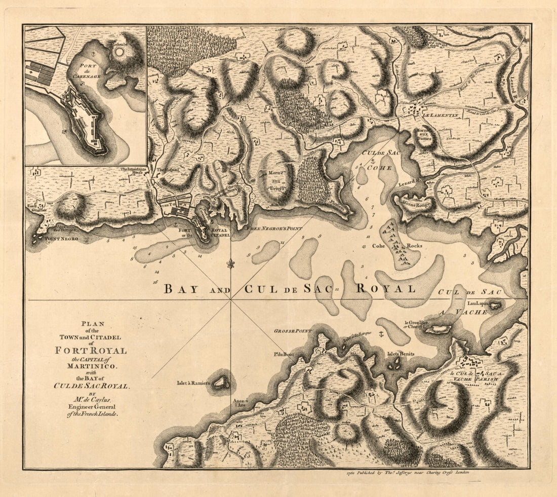 This old map of Plan of the Town and Citadel of Fort Royal, the Capital of Martinico With the Bay of Cul De Sac Royal from 1760 was created by DE Caylus, Thomas Jefferys in 1760