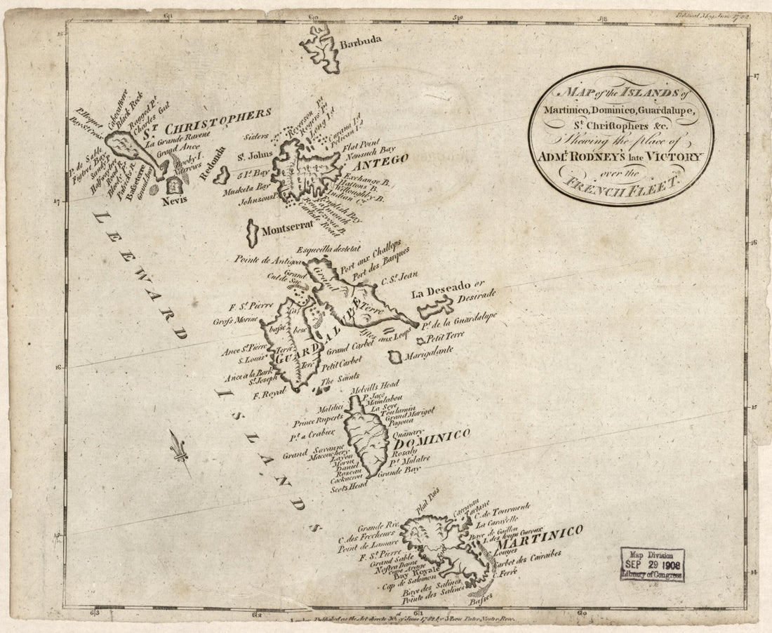 This old map of Map of the Islands of Martinico, Dominico, Guardalupe, St. Christophers &amp;c. Shewing the Place of Adml. Rodney&