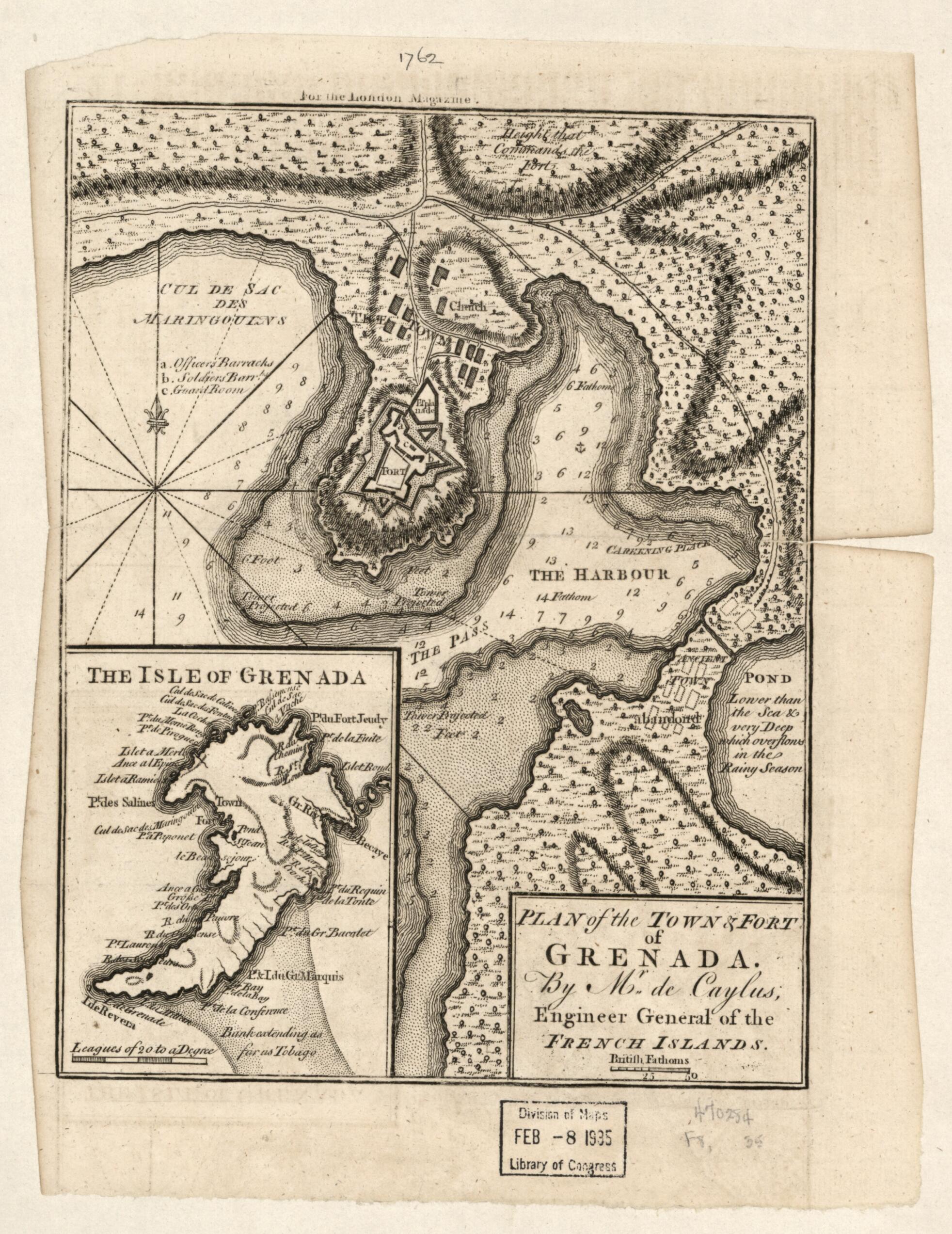 This old map of Plan of the Town &amp; Fort of Grenada from 1762 was created by DE Caylus in 1762